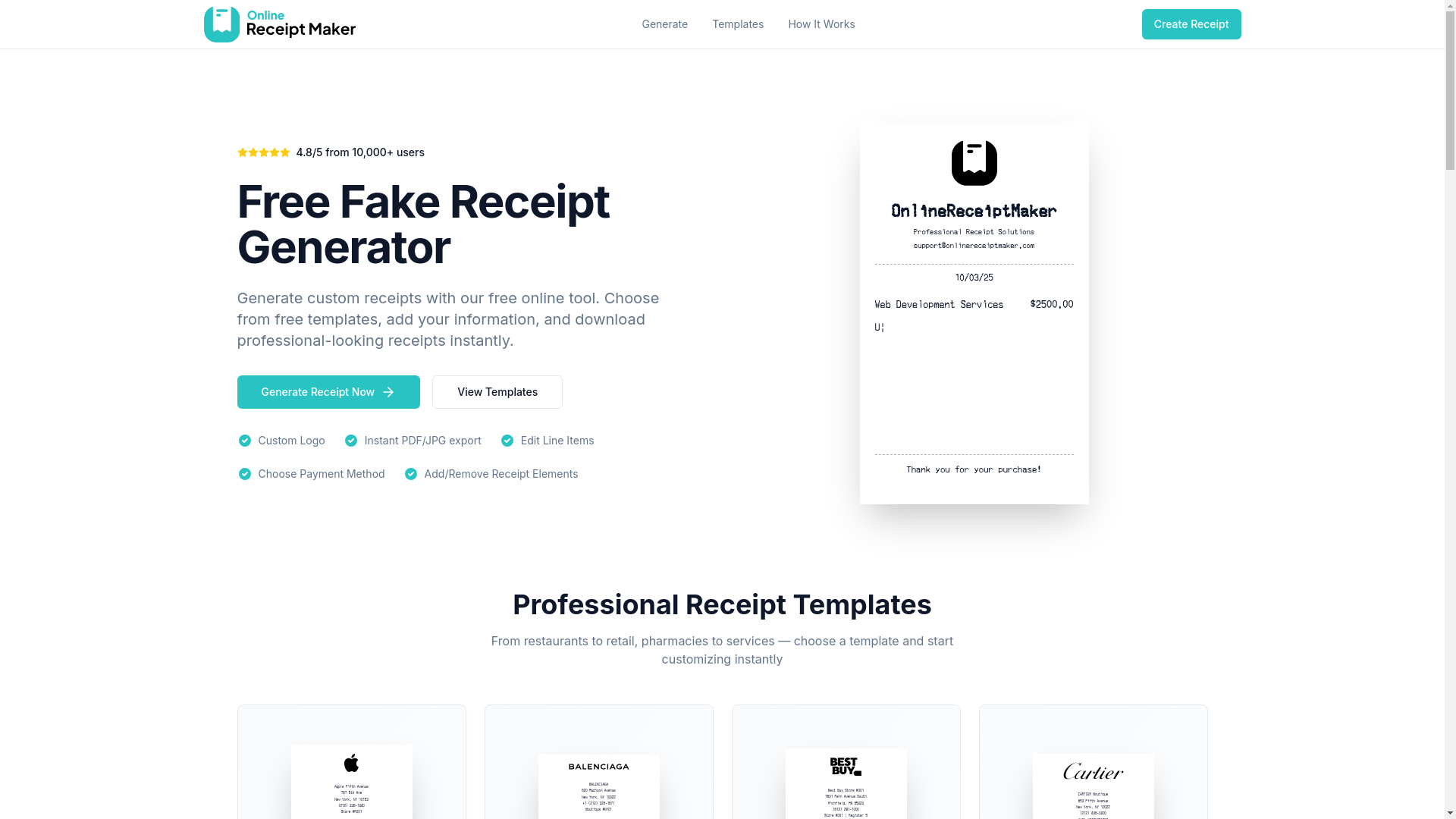 website screenshot of https://onlinereceiptmaker.com/