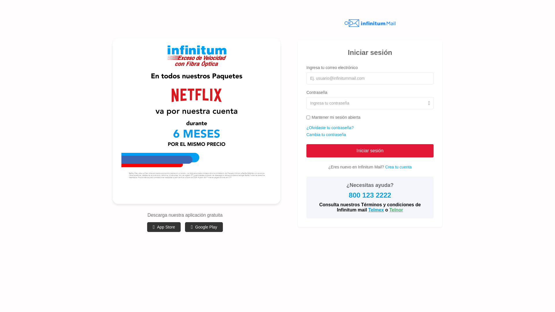 website screenshot of https://mail.infinitummail.com/app/