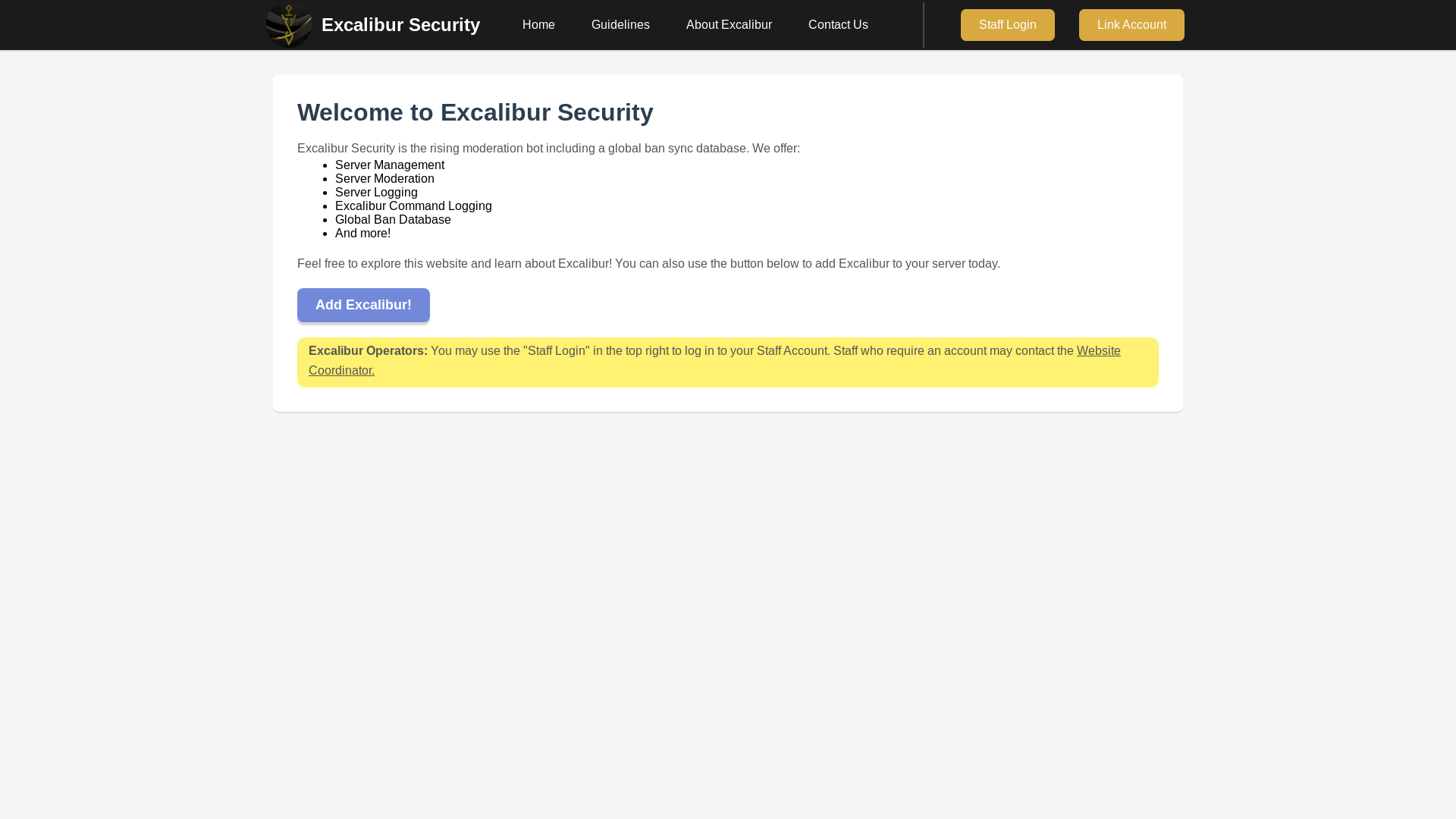 website screenshot of https://excaliburnetwork.xyz/