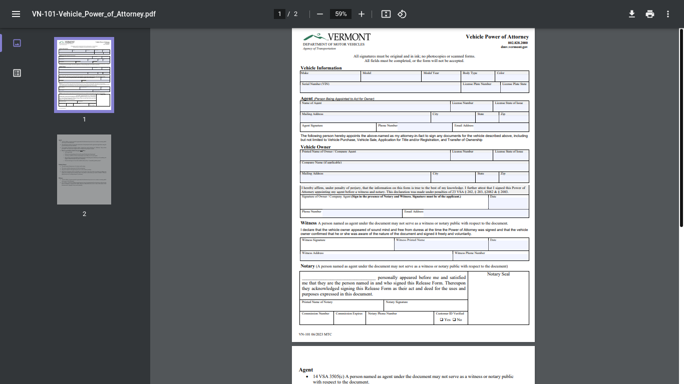 website screenshot of https://dmv.vermont.gov/sites/dmv/files/documents/VN-101-Vehicle_Power_of_Attorney.pdf