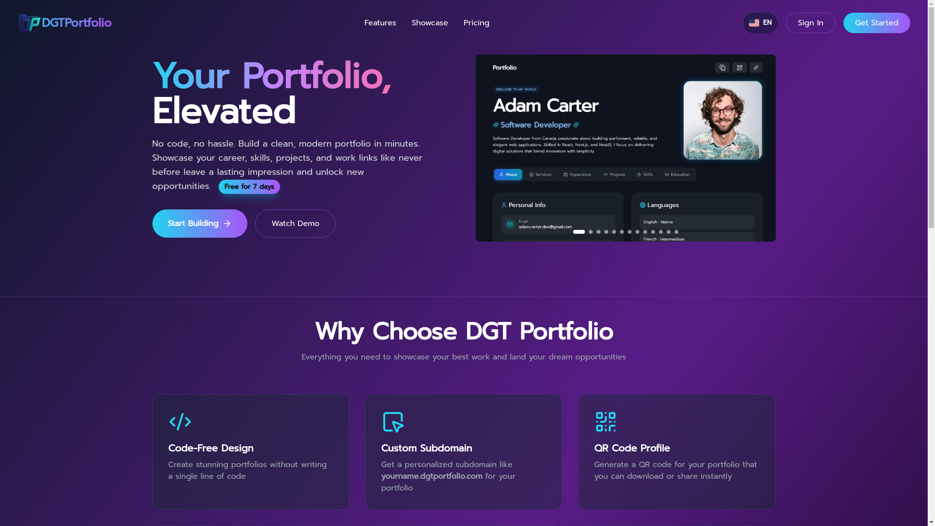 website screenshot of https://dgtportfolio.com