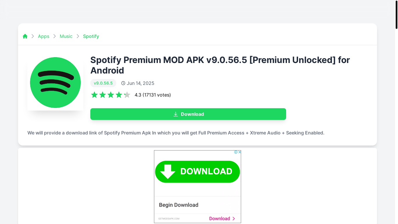 website screenshot of https://getmodsapk.com/spotify-music-mega-mod-apk/