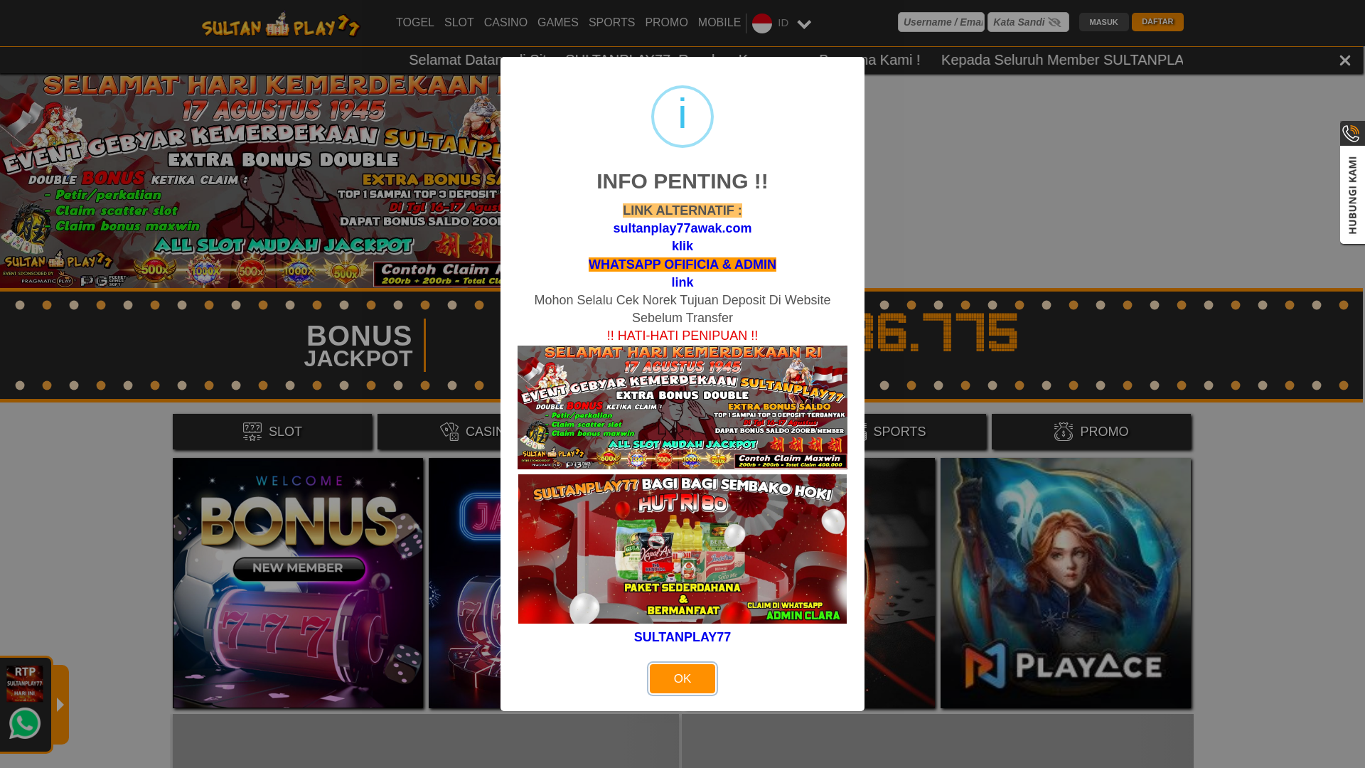 website screenshot of https://sultanplay77.pub/