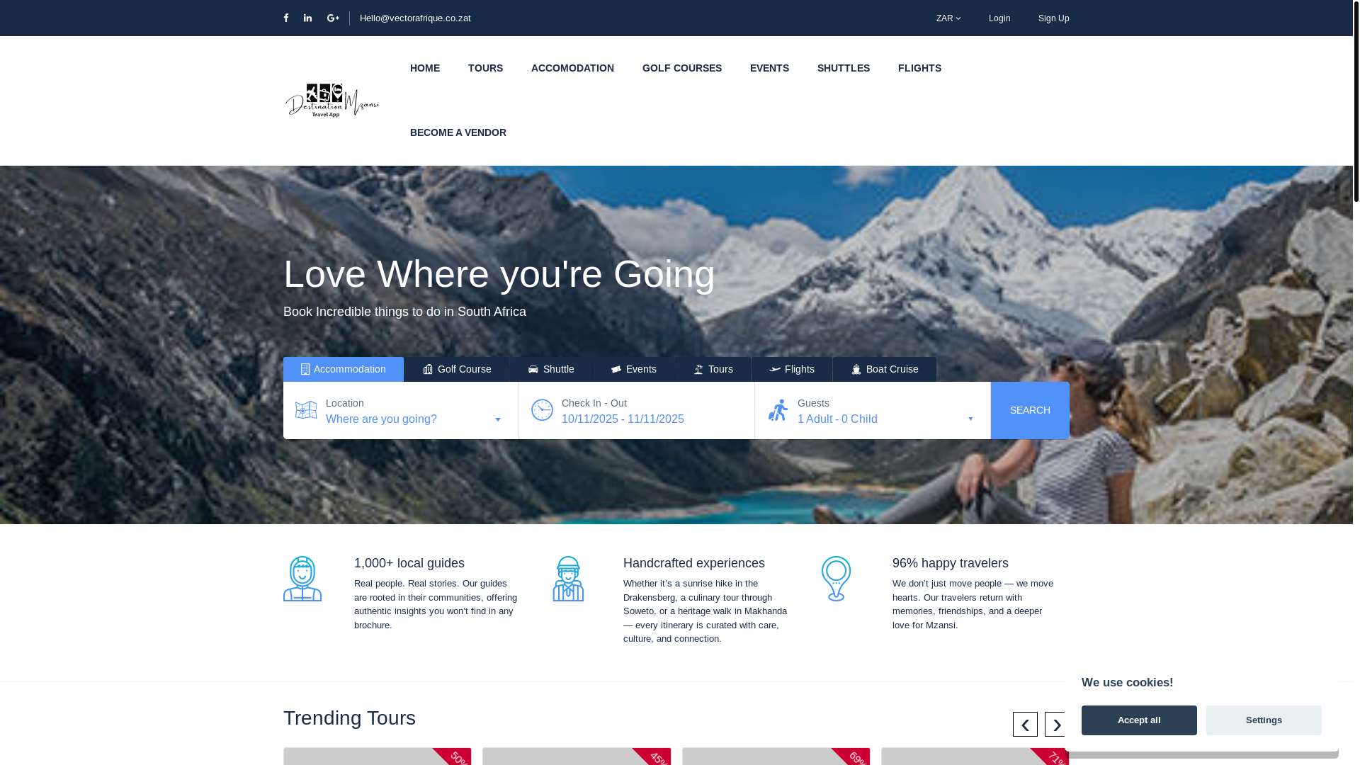website screenshot of https://mzansibookings.co.za/