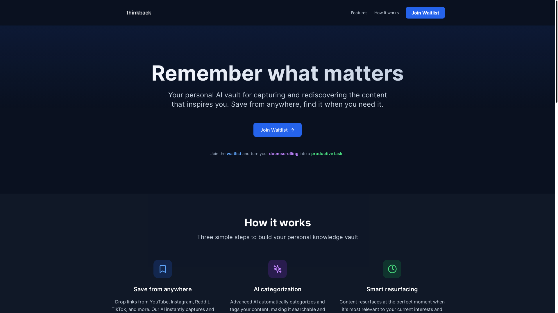 website screenshot of https://thinkback-landing.pages.dev/