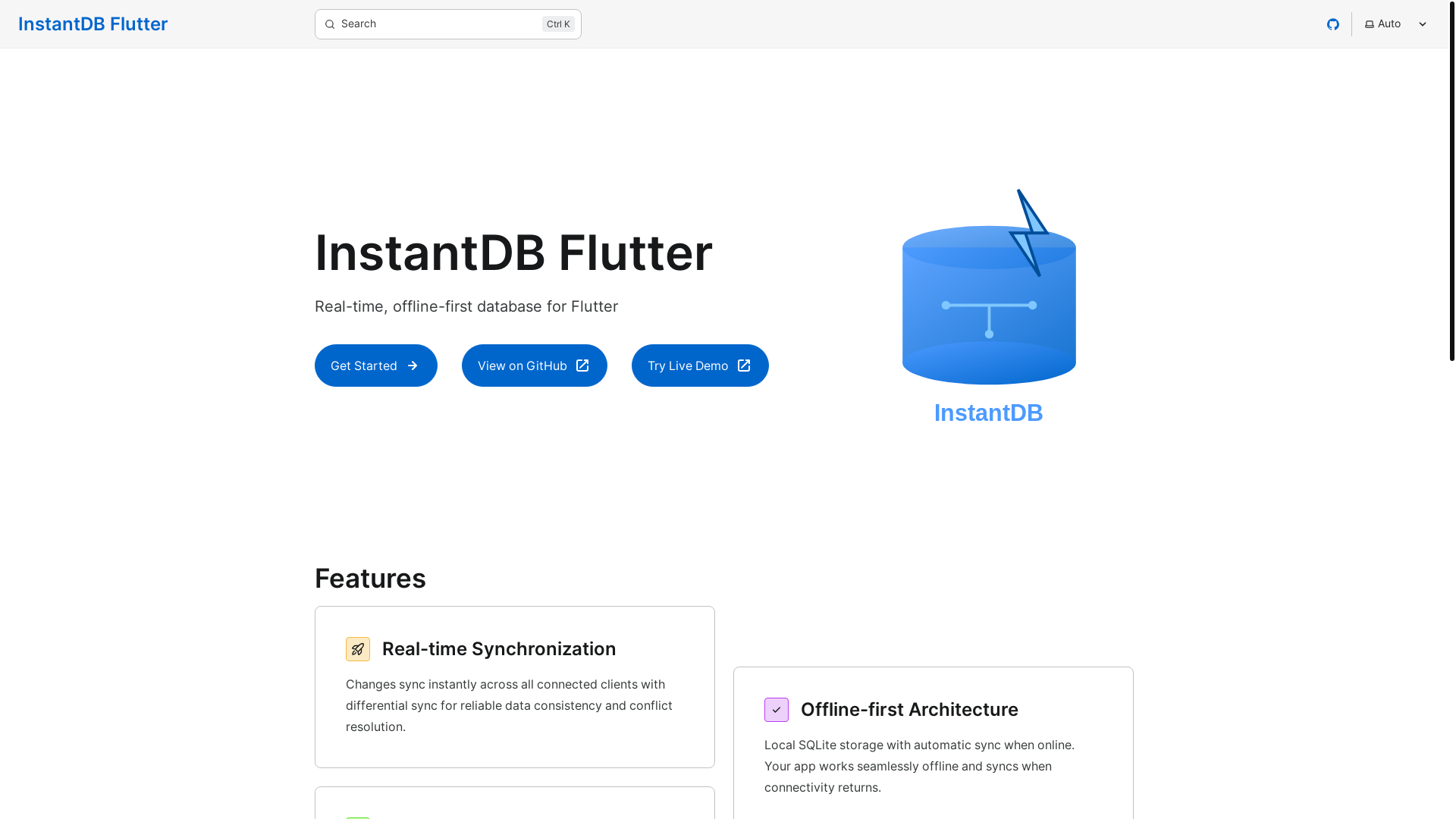 website screenshot of https://instantdb-flutter-docs.pages.dev/