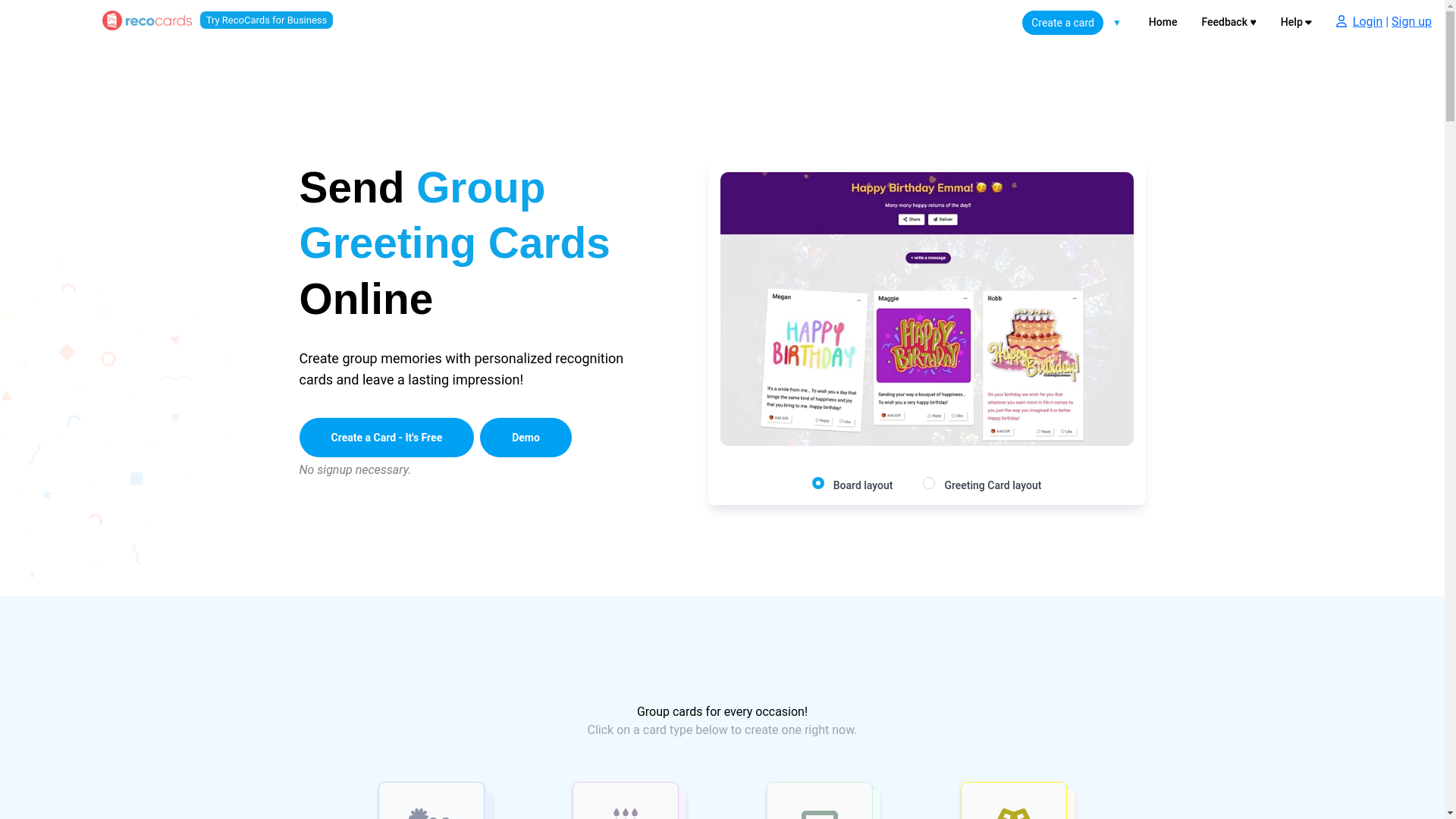 website screenshot of https://recocards.com/