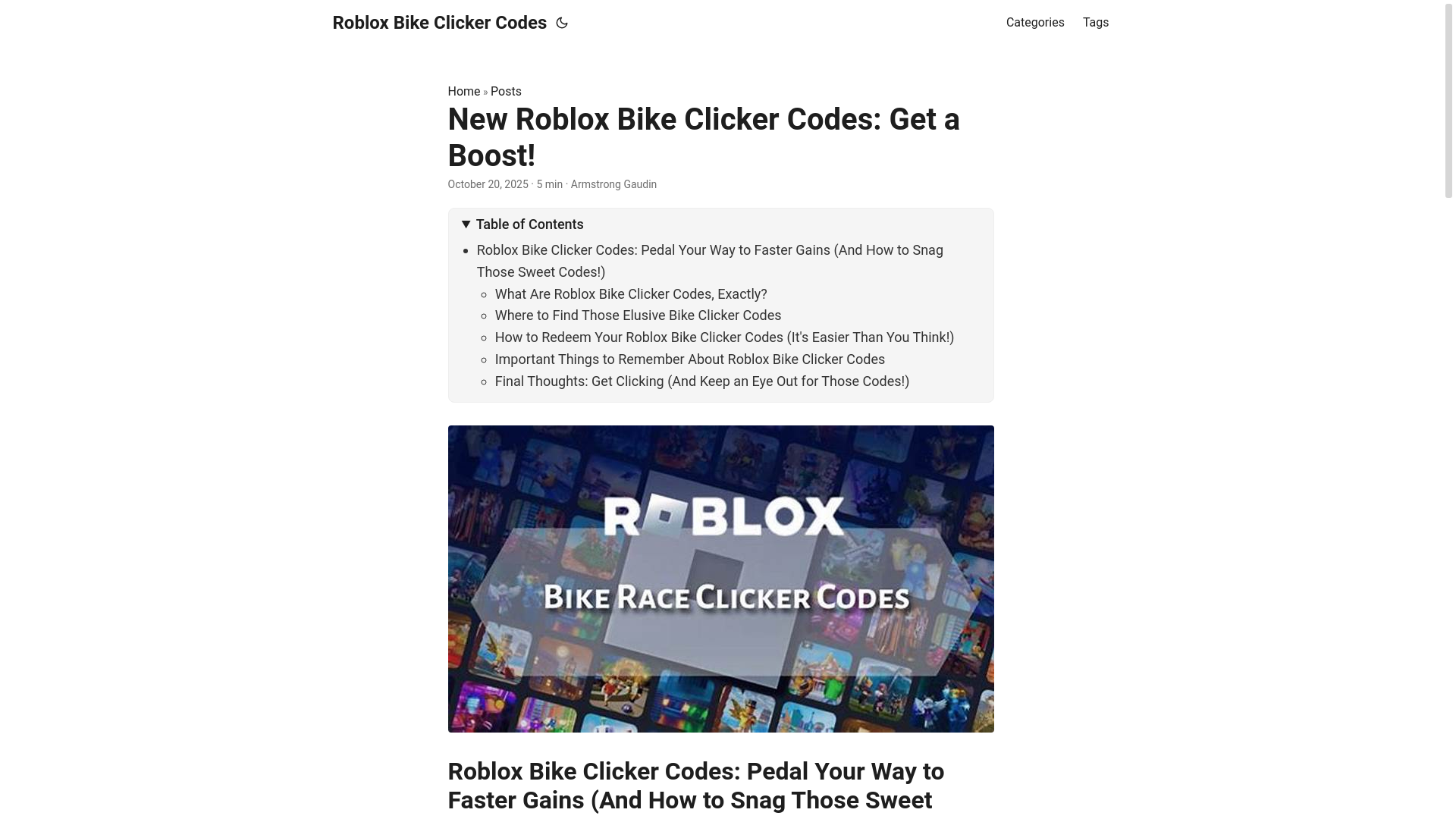 website screenshot of https://roblox-bike-clicker-codes.pages.dev/