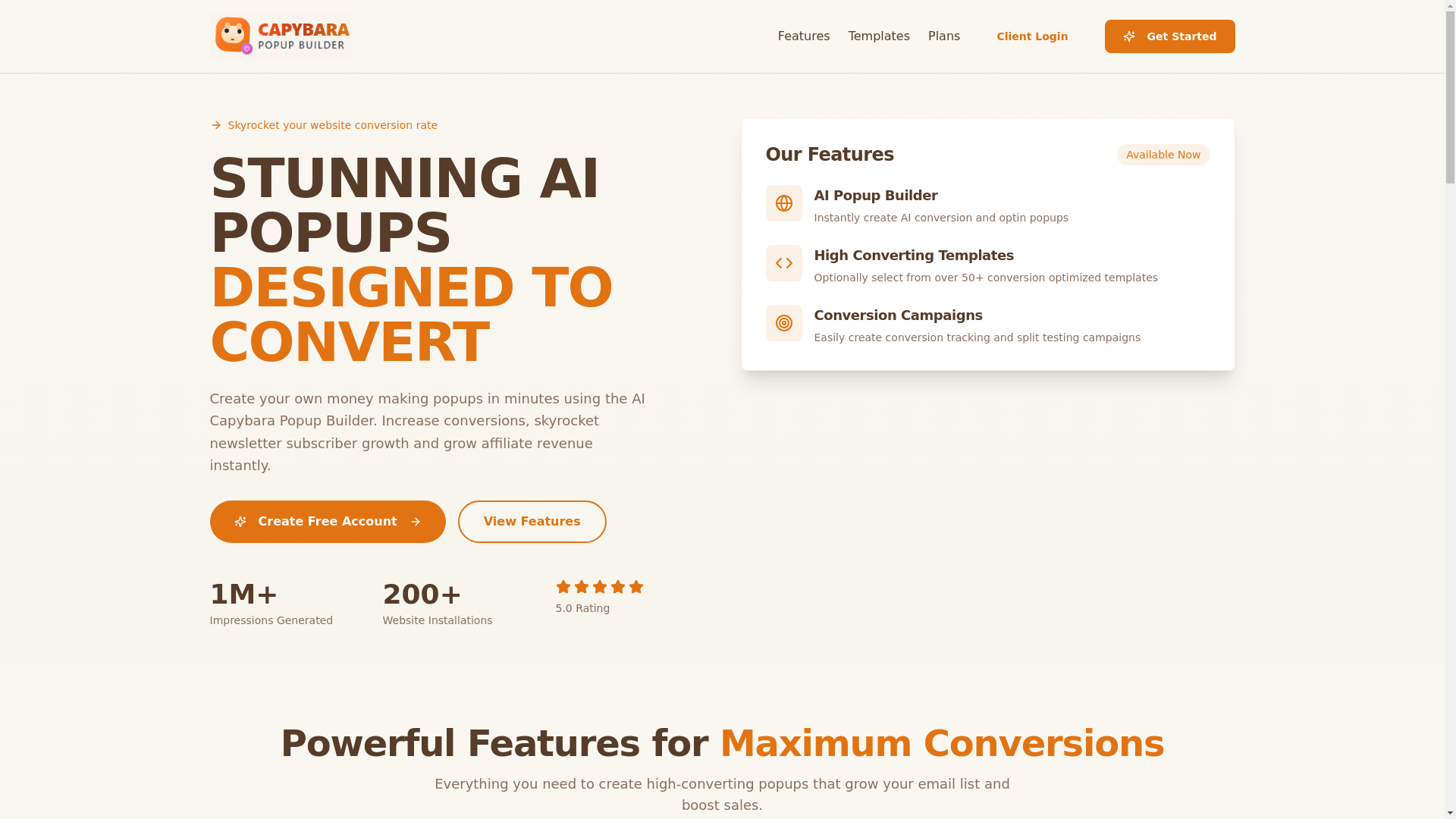website screenshot of https://capybarapopupbuilder.com/