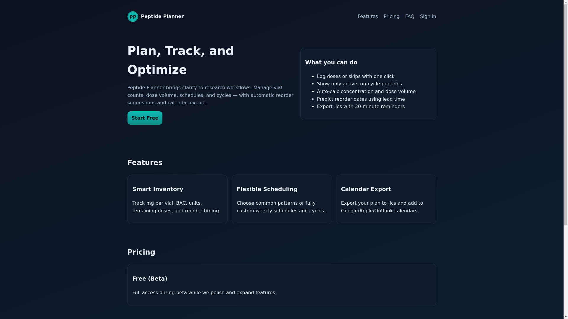 website screenshot of https://peptideplanner.info/
