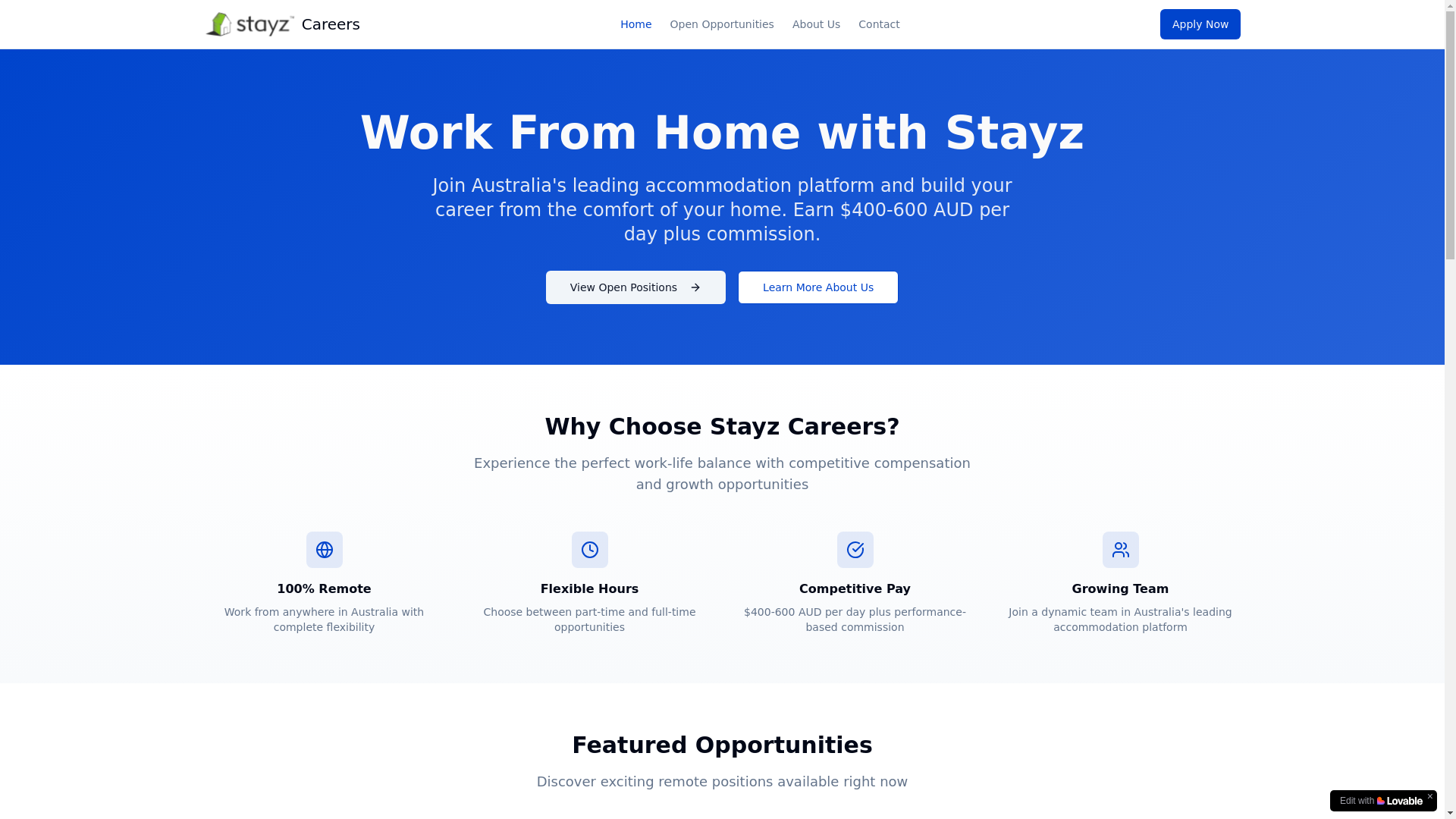 website screenshot of https://stayzcareers.com/