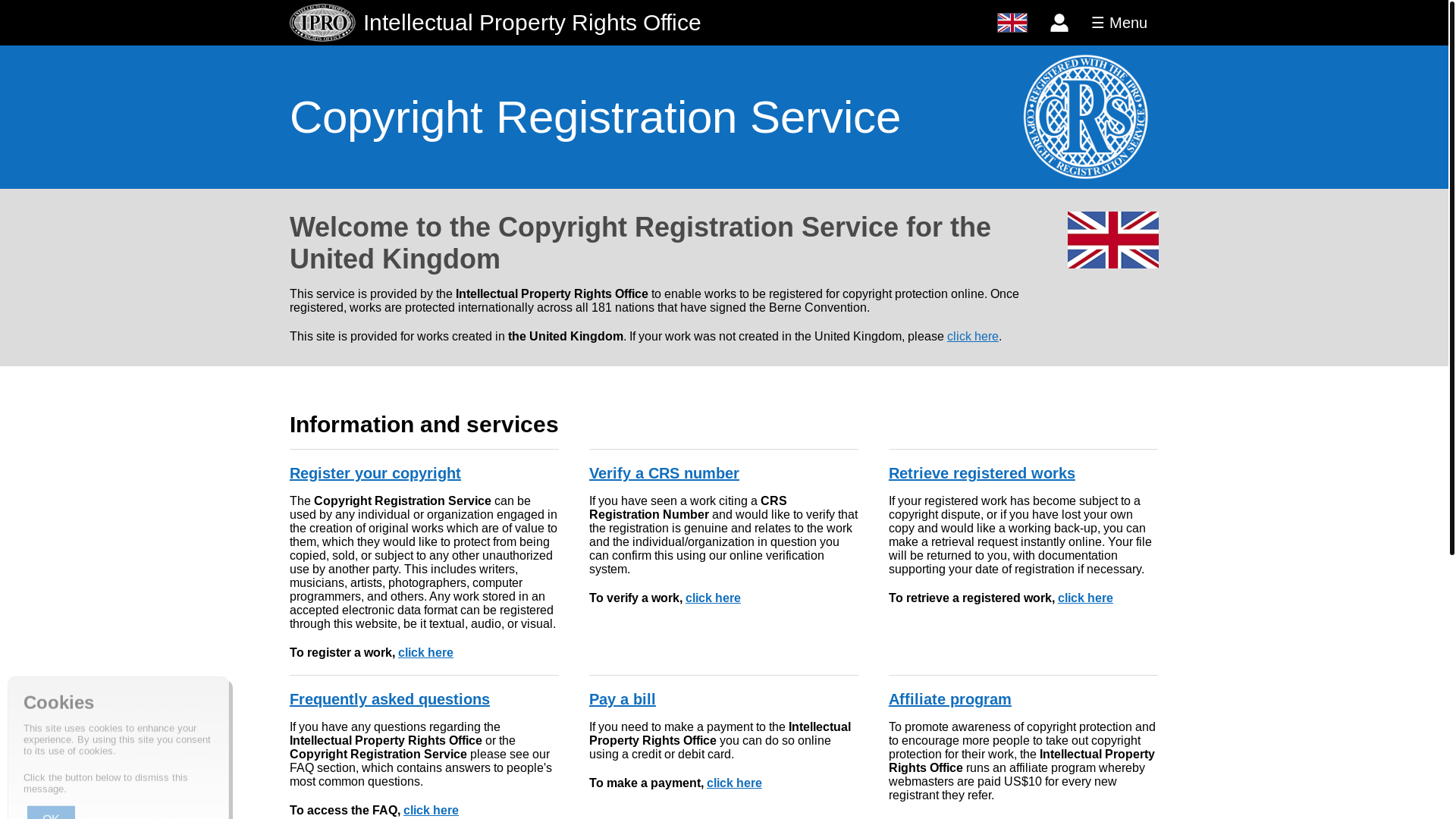 website screenshot of https://copyrightregistrationservice.uk/