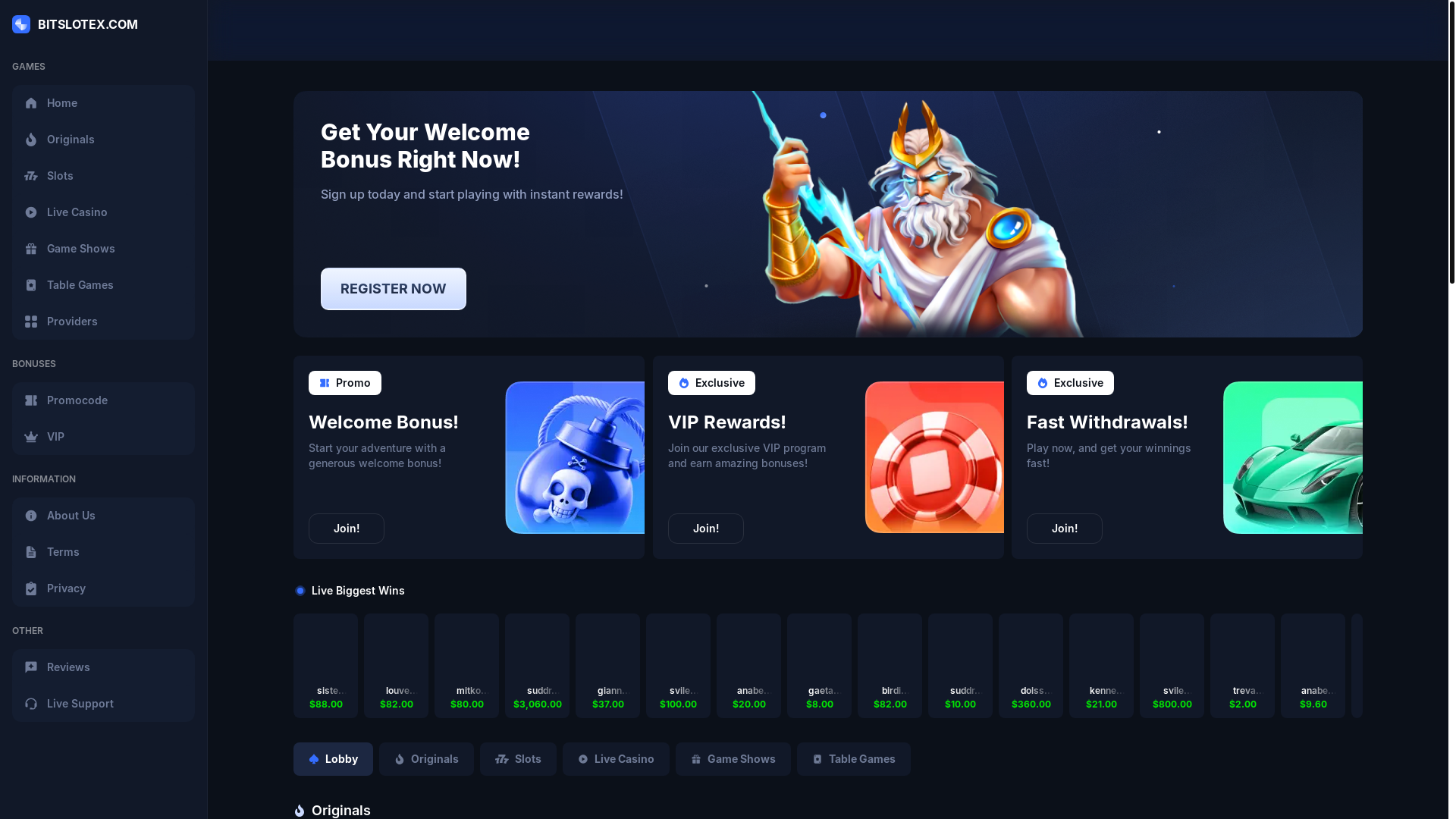 website screenshot of https://bitslotex.com/