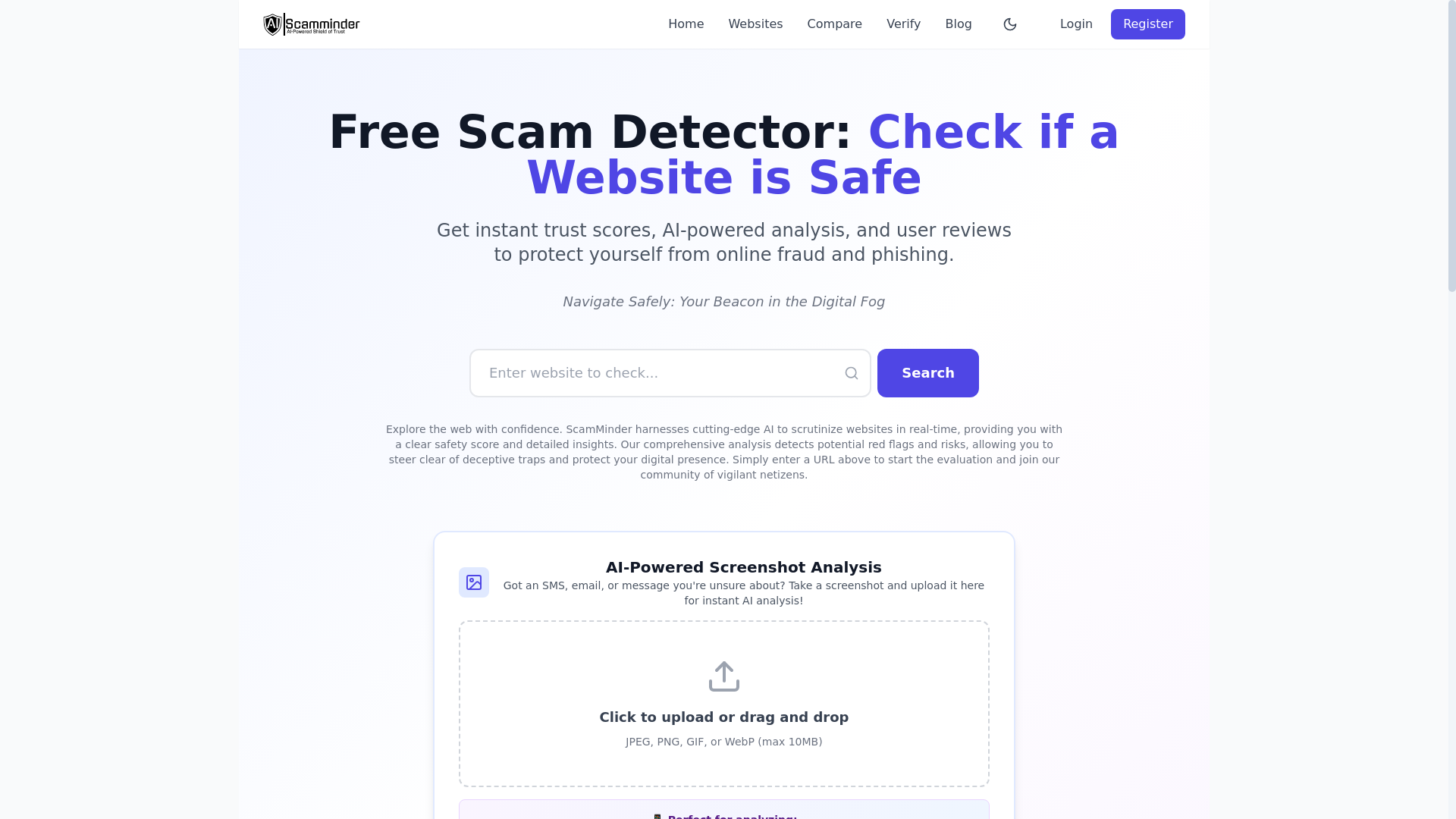 website screenshot of https://scamminder.com/