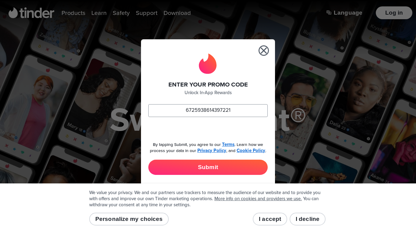 website screenshot of https://tinder.com/vip/6725938614397221