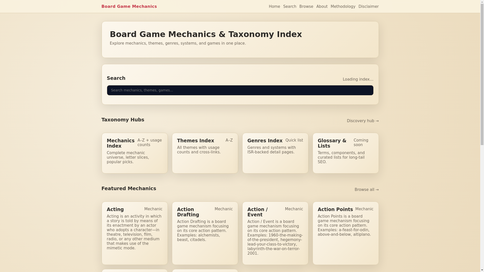 website screenshot of https://boardgamemechanics.com/