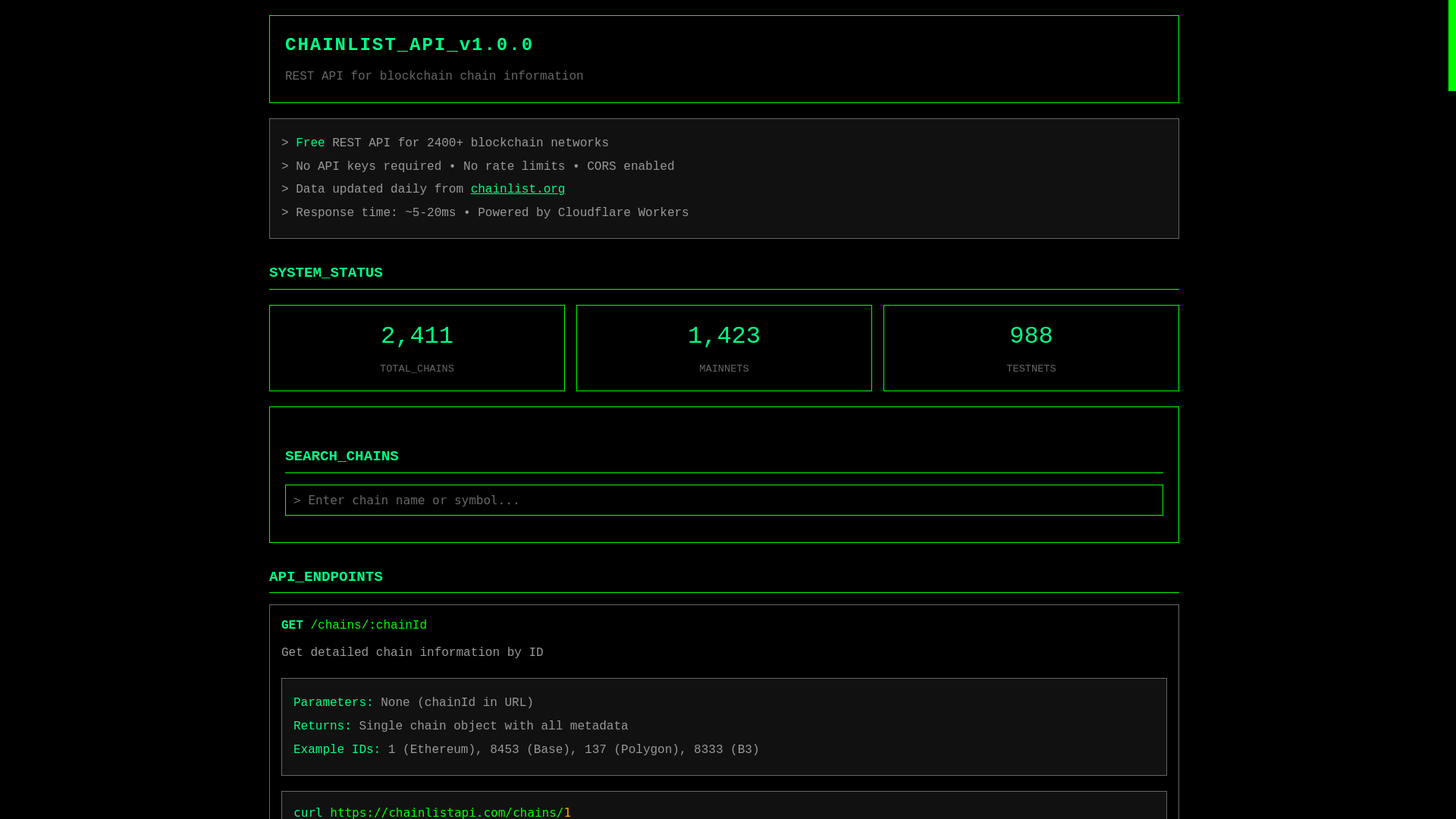 website screenshot of https://chainlistapi.com/