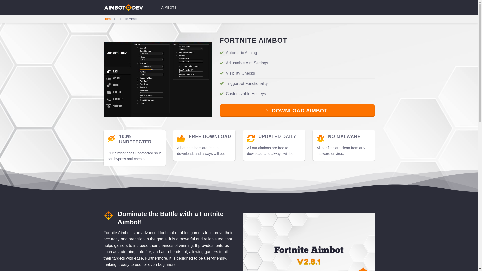 website screenshot of https://aimbot.dev/fortnite-aimbot/