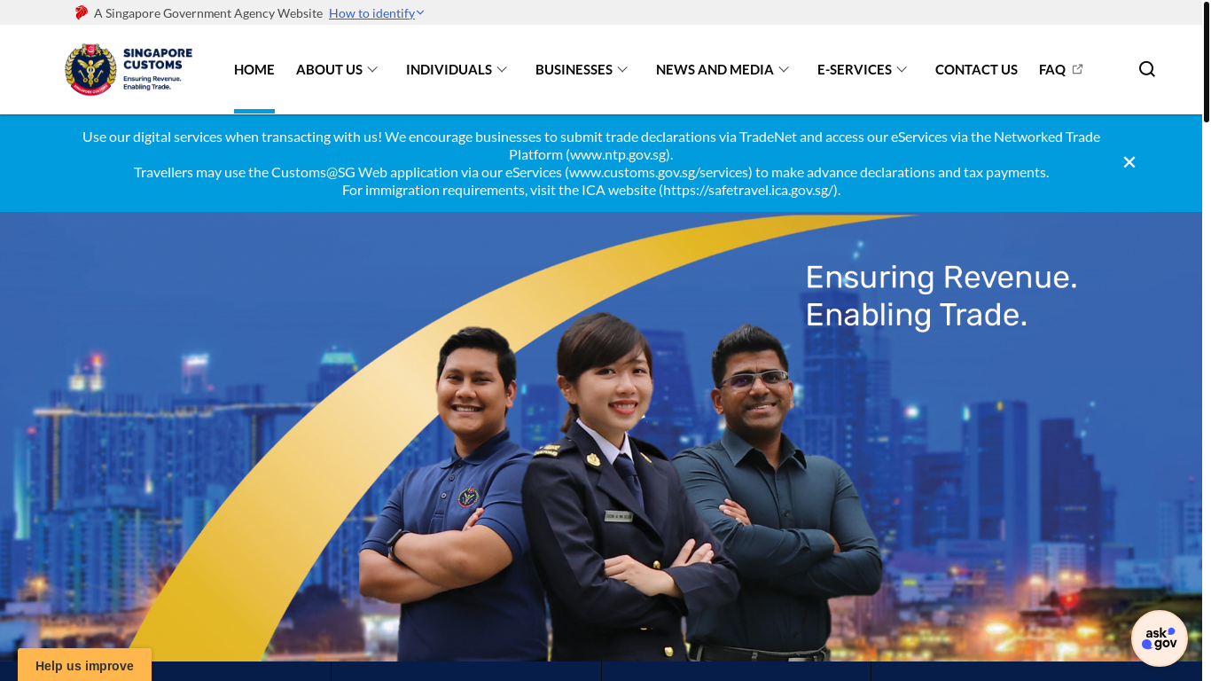 website screenshot of https://www.customs.gov.sg/