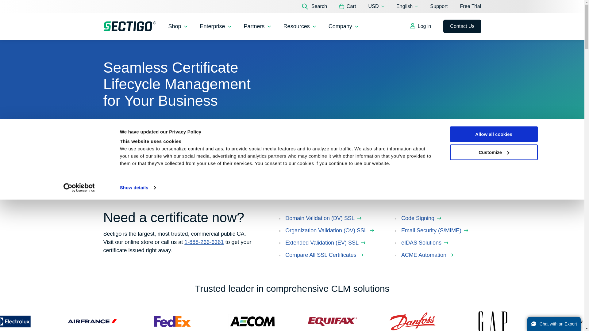 website screenshot of https://sectigo.com