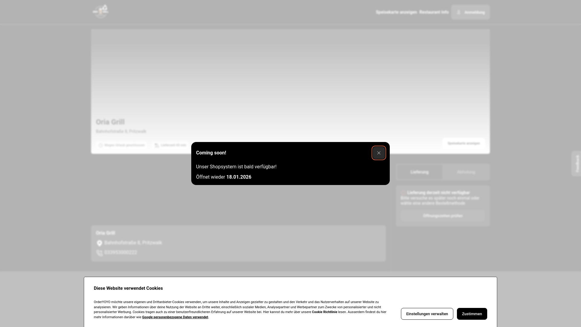 website screenshot of https://oriagrillpritzwalk.de/