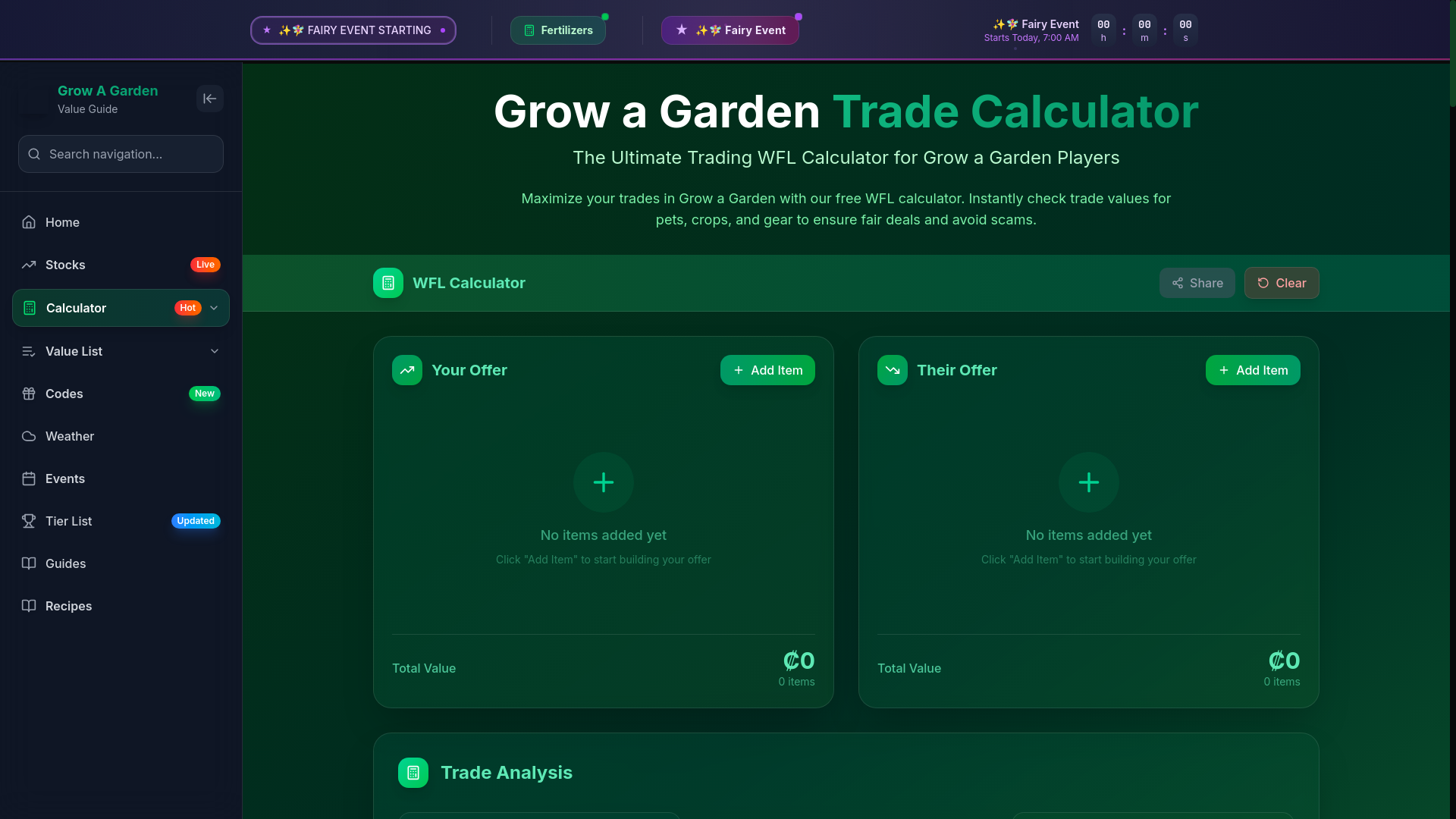 website screenshot of https://www.bing.com/ck/a?!&&p=4d030b5da3a9c155d57b4640d6f278bcf864f64a89d2b9ae042efab814fbb844JmltdHM9MTc2Njk2NjQwMA&ptn=3&ver=2&hsh=4&fclid=29d20dce-2156-6306-3850-1be720bb6271&psq=grow+a+garden+trading+caculator&u=a1aHR0cHM6Ly9ncm93YWdhcmRlbnZhbHVlLmNvbS9jYWxjdWxhdG9y