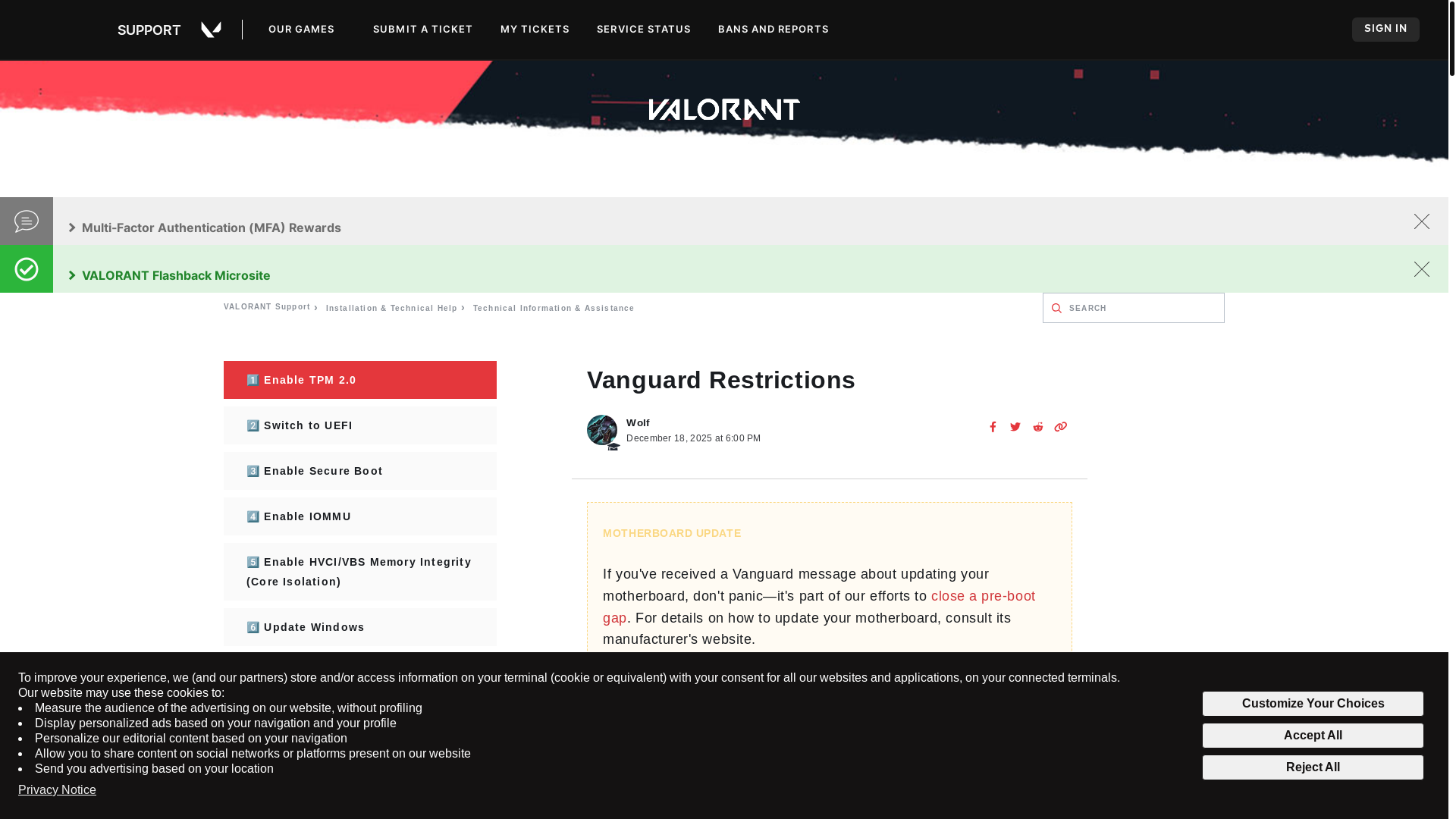 website screenshot of https://support-valorant.riotgames.com/hc/en-us/articles/22291331362067-Vanguard-Restrictions