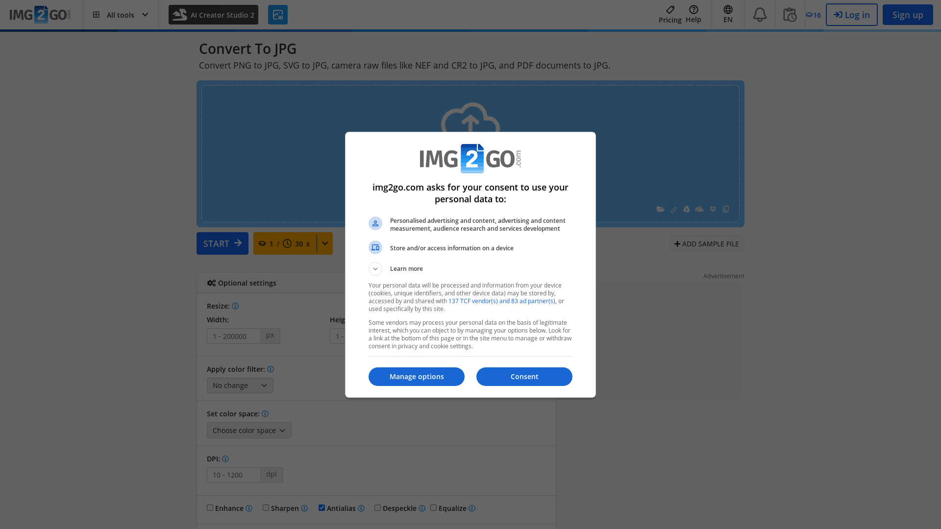 website screenshot of https://www.img2go.com/convert-to-jpg
