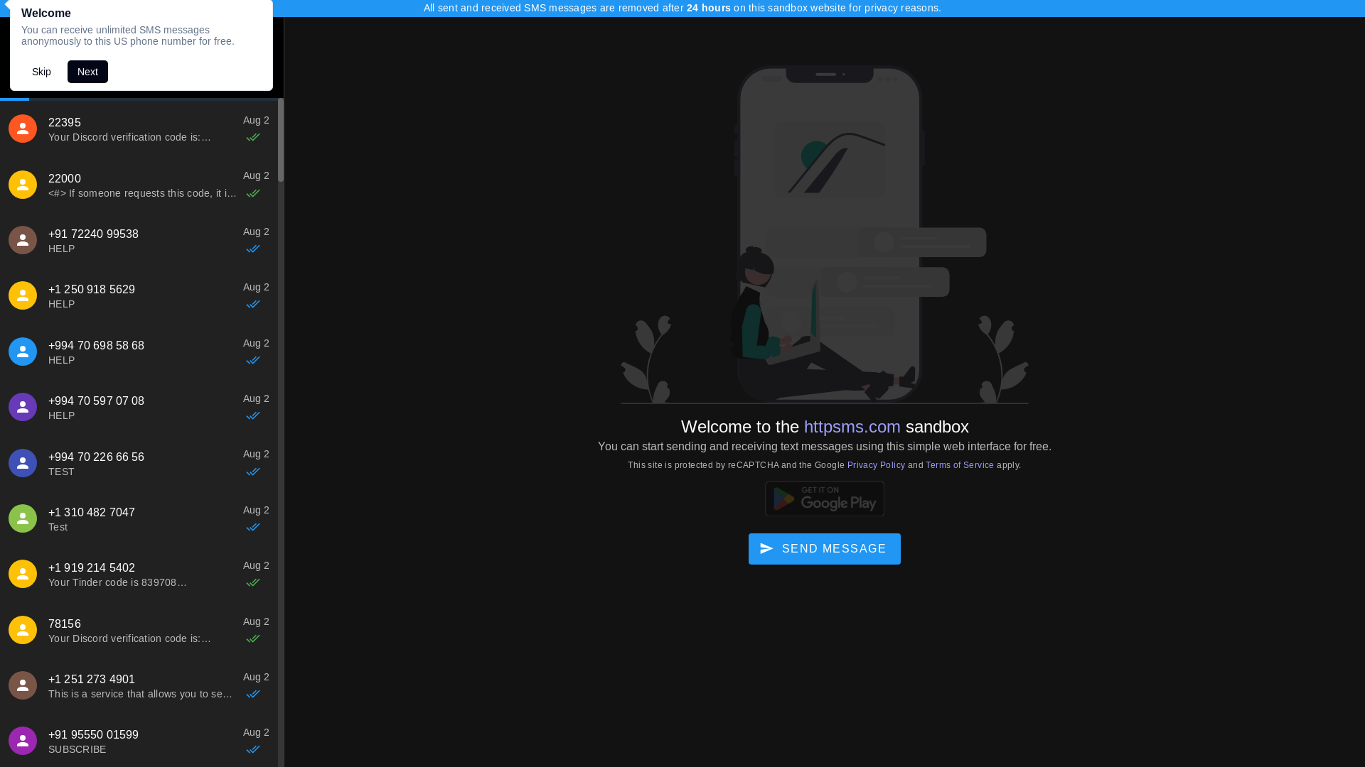 website screenshot of https://httpsms-sandbox.pages.dev/