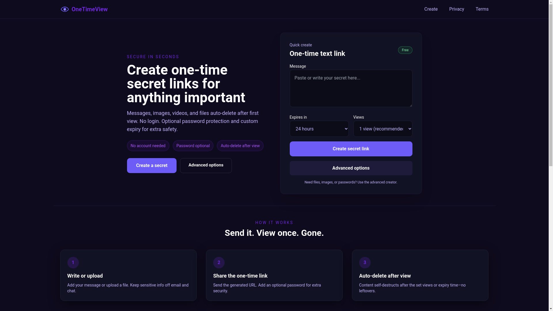 website screenshot of https://onetimeview.app/