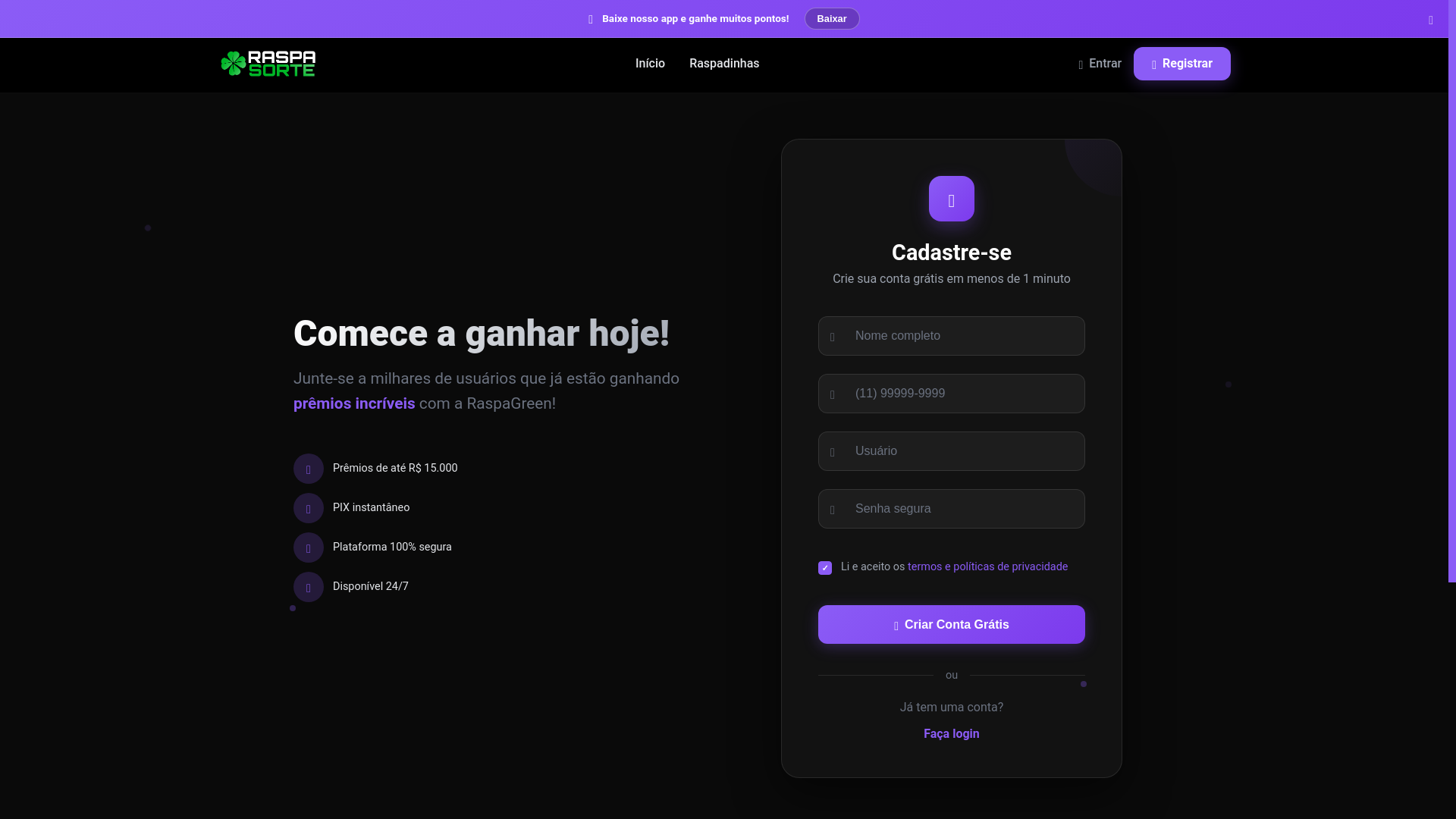 website screenshot of https://raspadinh4.online/cadastro?ref=21132