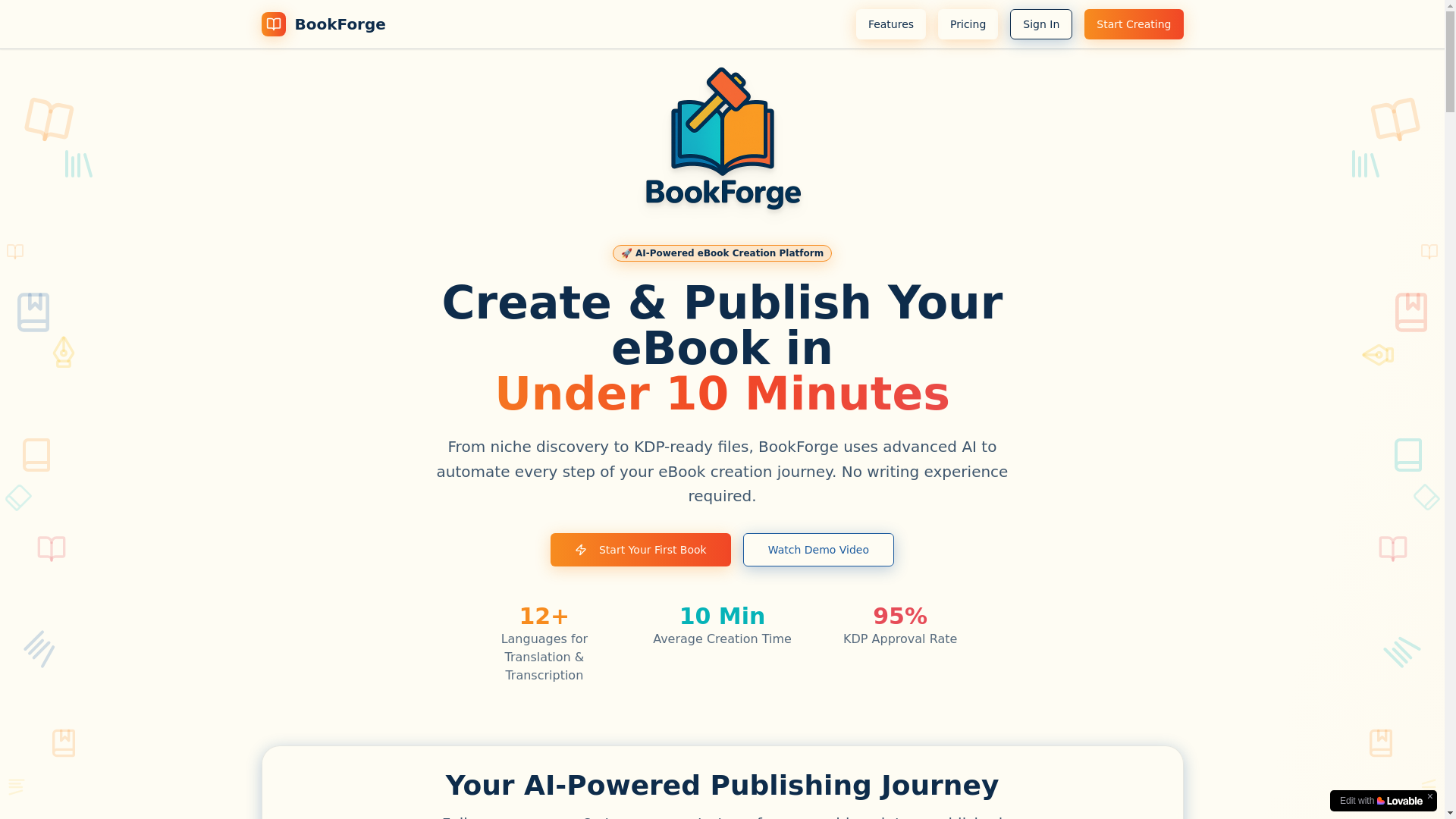 website screenshot of https://mybookforge.ai/