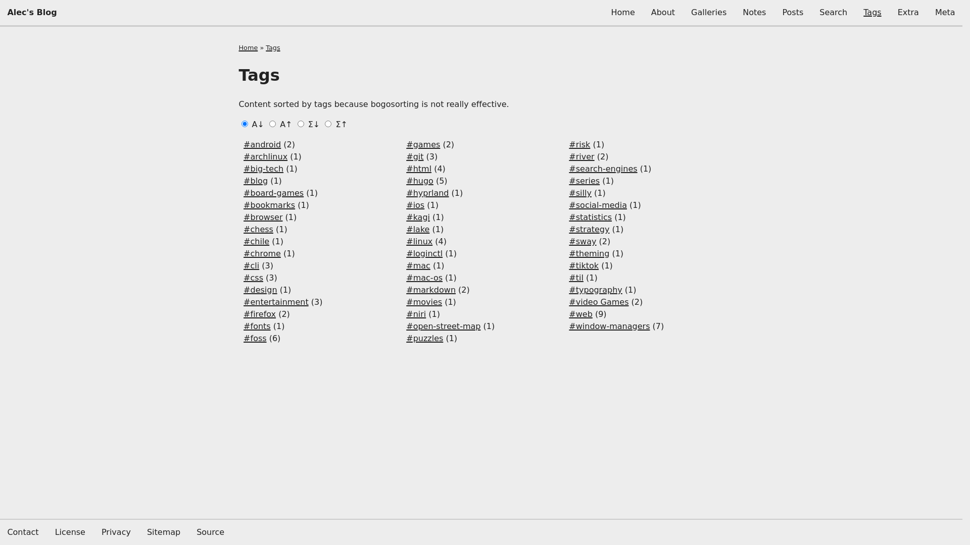 website screenshot of https://alecsargent.codeberg.page/tags
