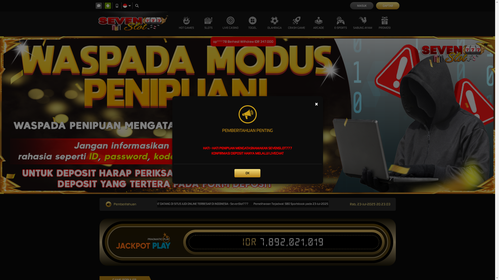 website screenshot of https://sevenslot777-8n.site/