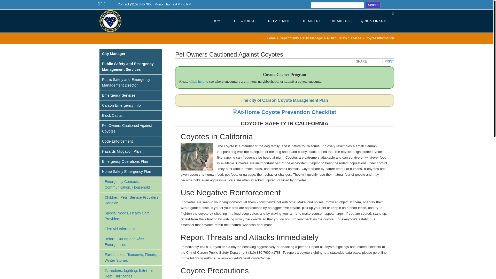 website screenshot of https://ci.carson.ca.us/CityManager/coyotecautions.aspx