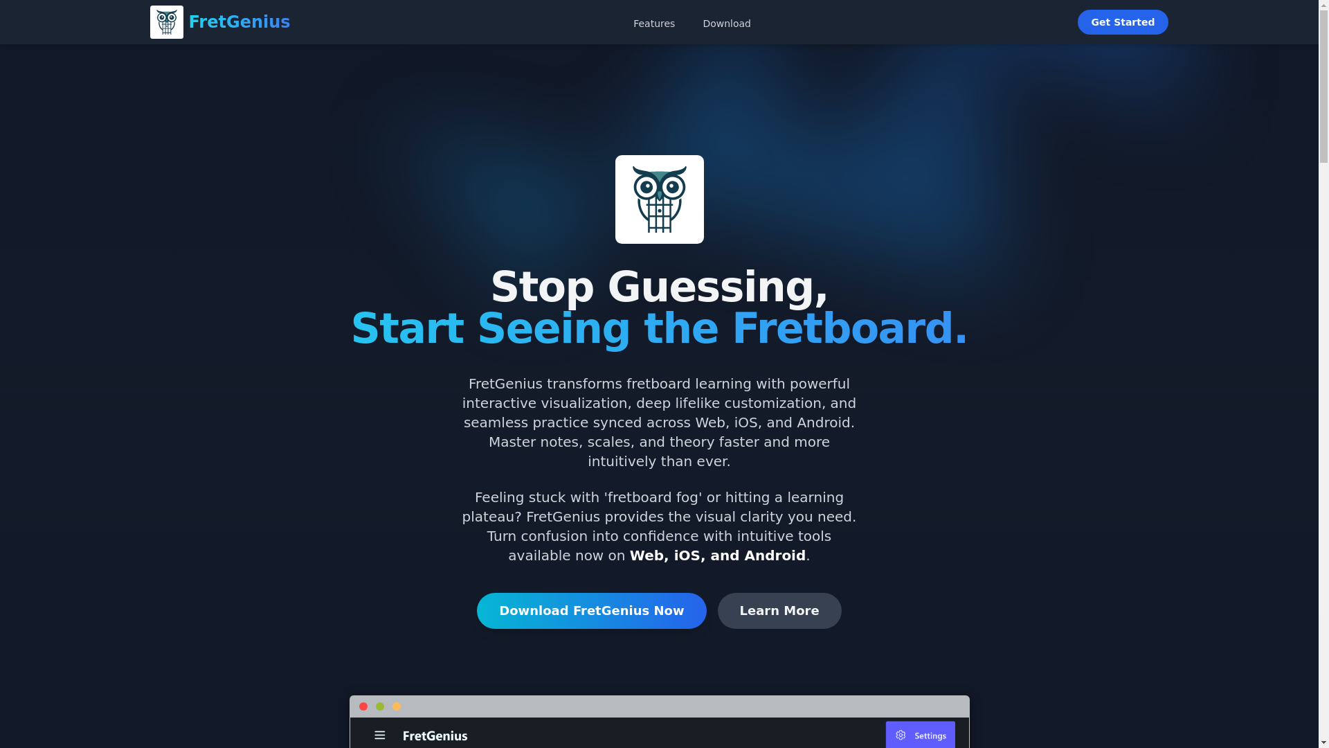 website screenshot of https://fretgenius-main-site.pages.dev/