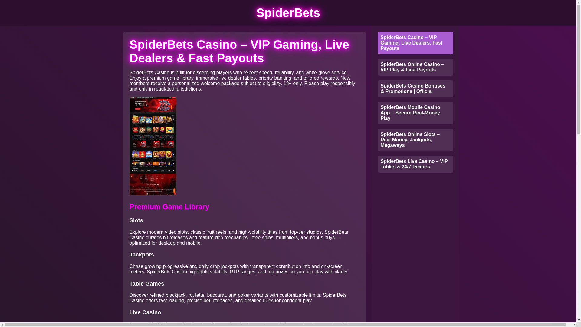 website screenshot of https://spiderbets.casino/