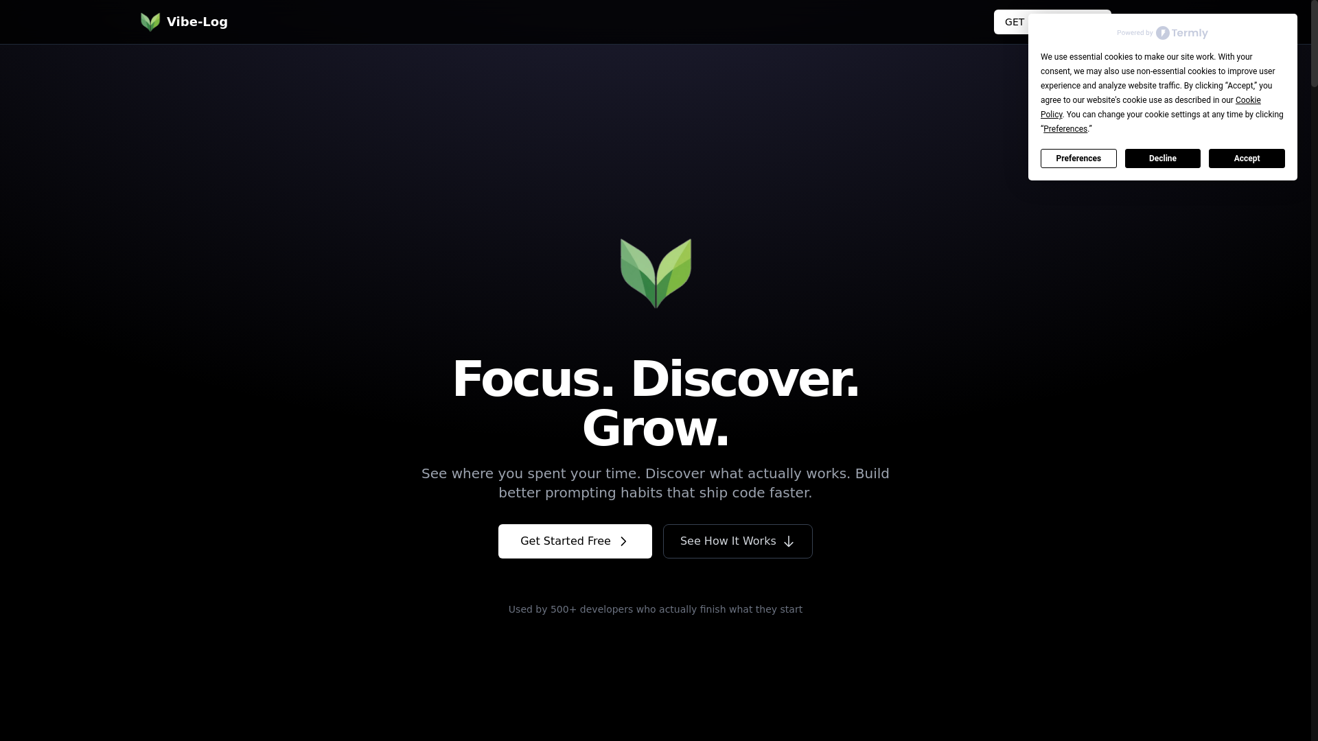 website screenshot of https://vibe-log-landing.pages.dev/