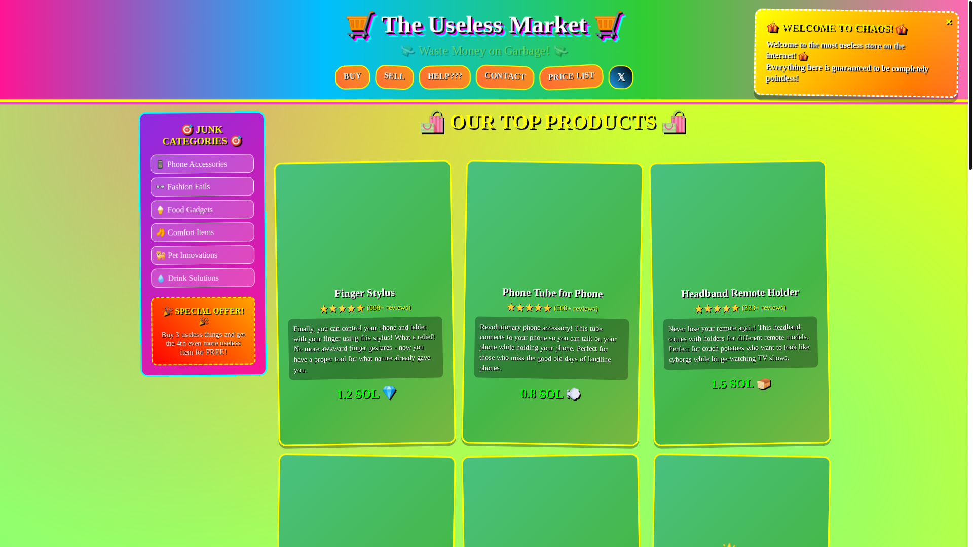 website screenshot of https://theuselessmarket.com/