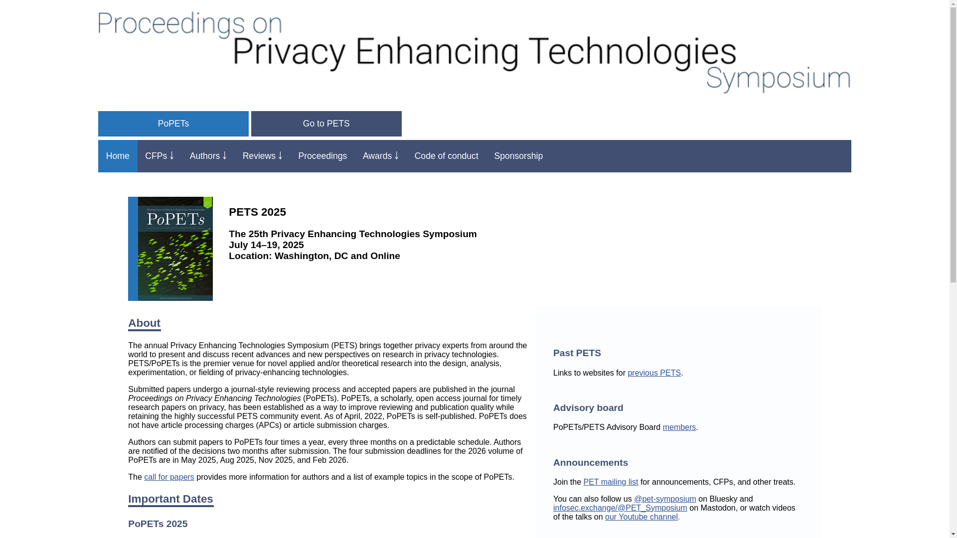 website screenshot of https://petsymposium.org