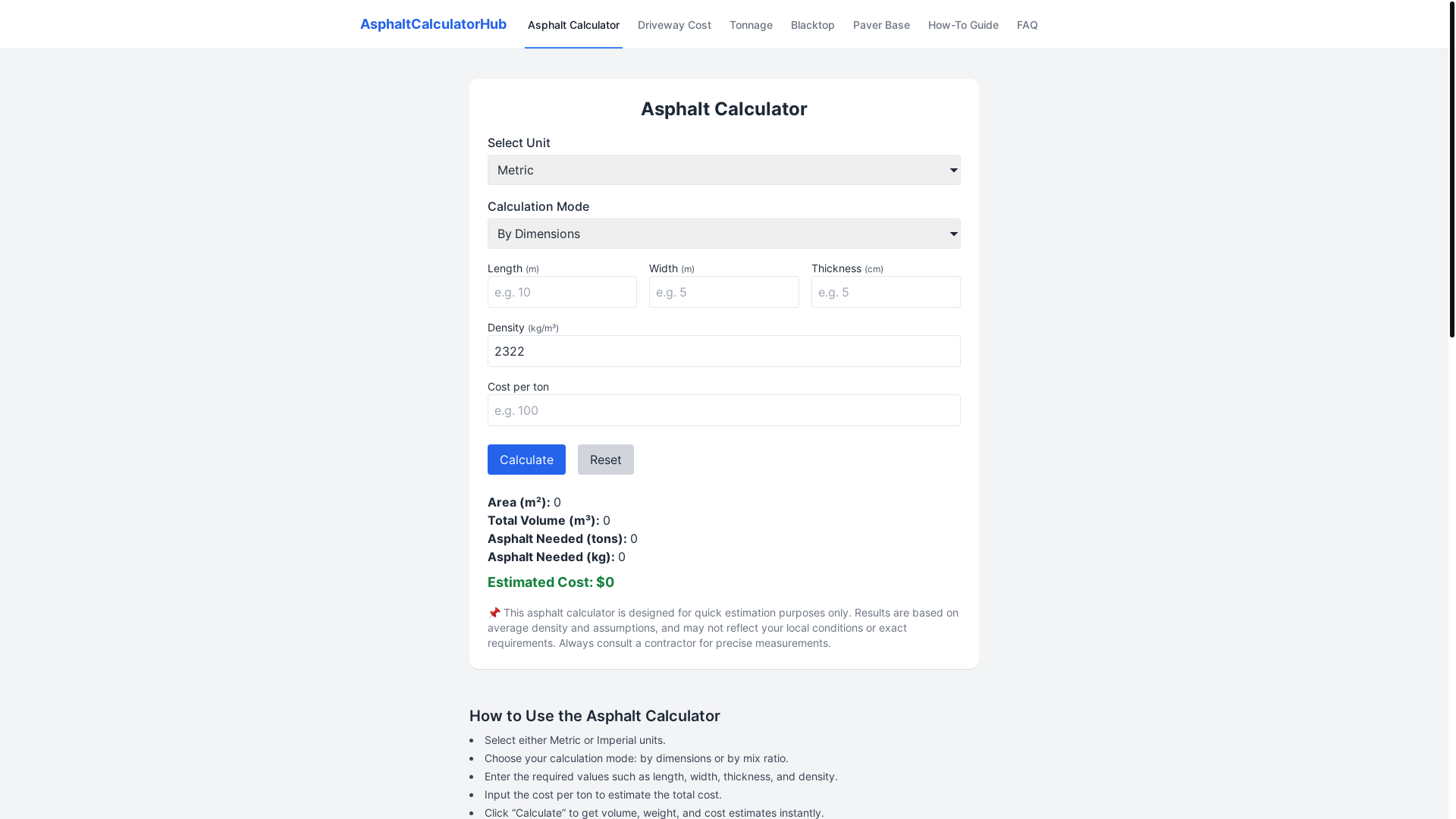 website screenshot of https://asphalt-calculator-3je.pages.dev/