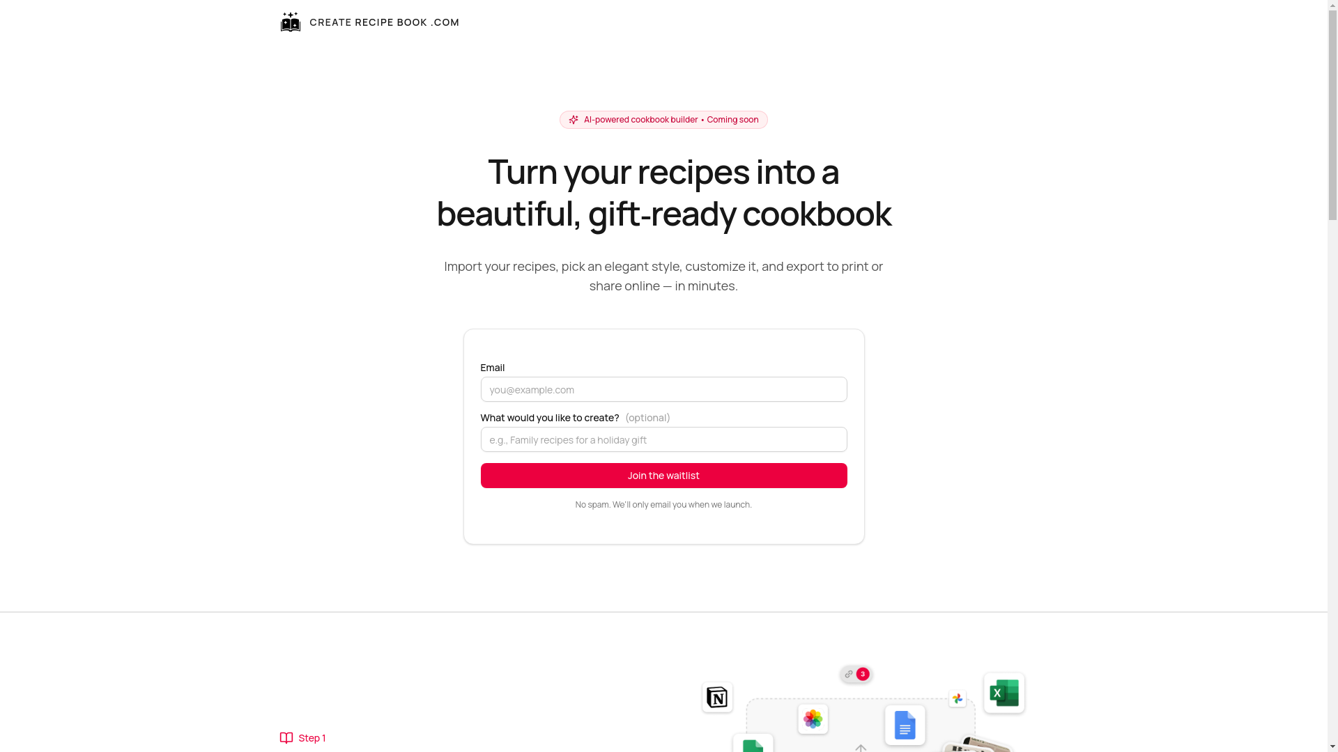 website screenshot of https://createrecipebook.com/
