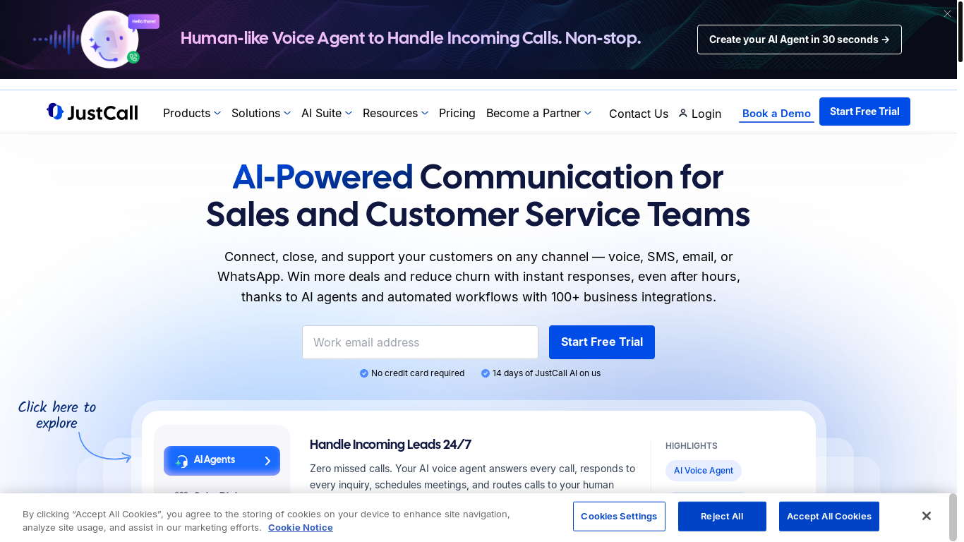 website screenshot of https://justcall.io/