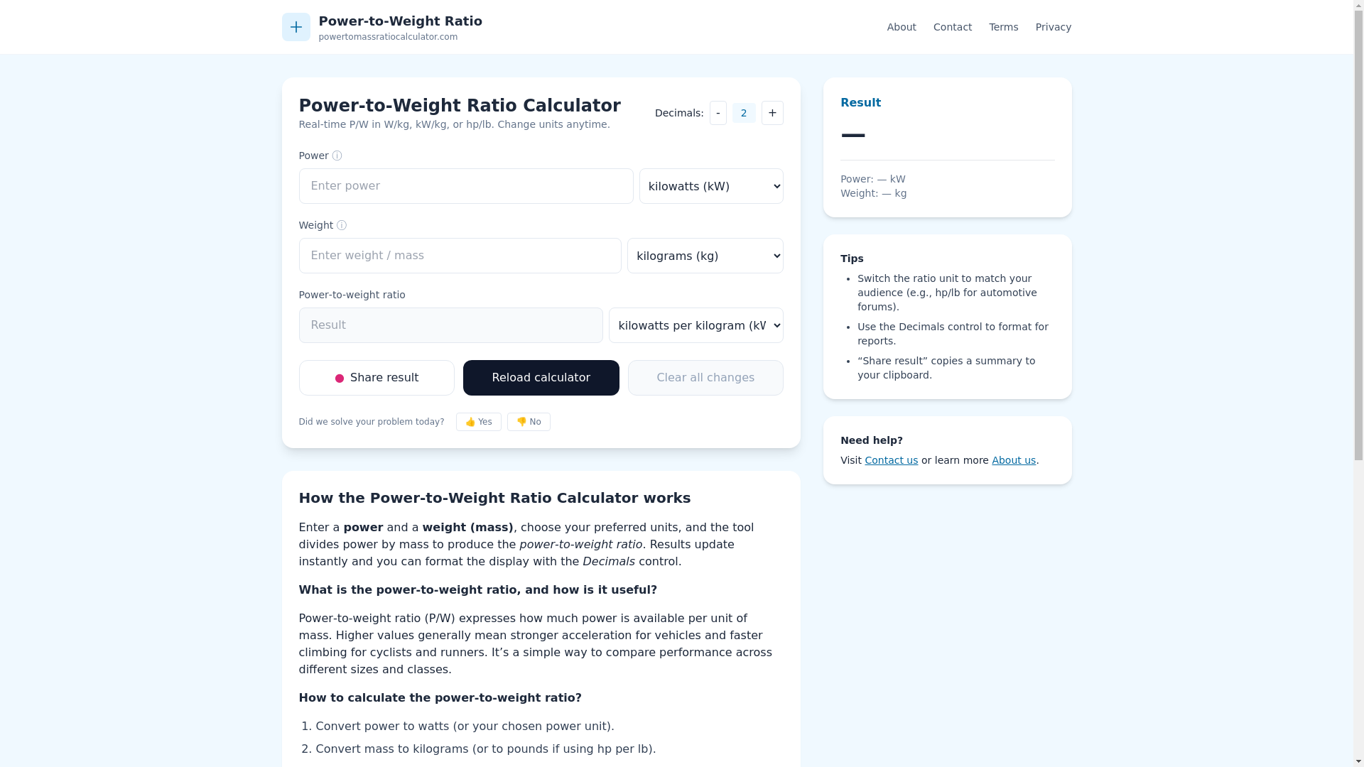 website screenshot of https://powertoweightratioconverter.com/