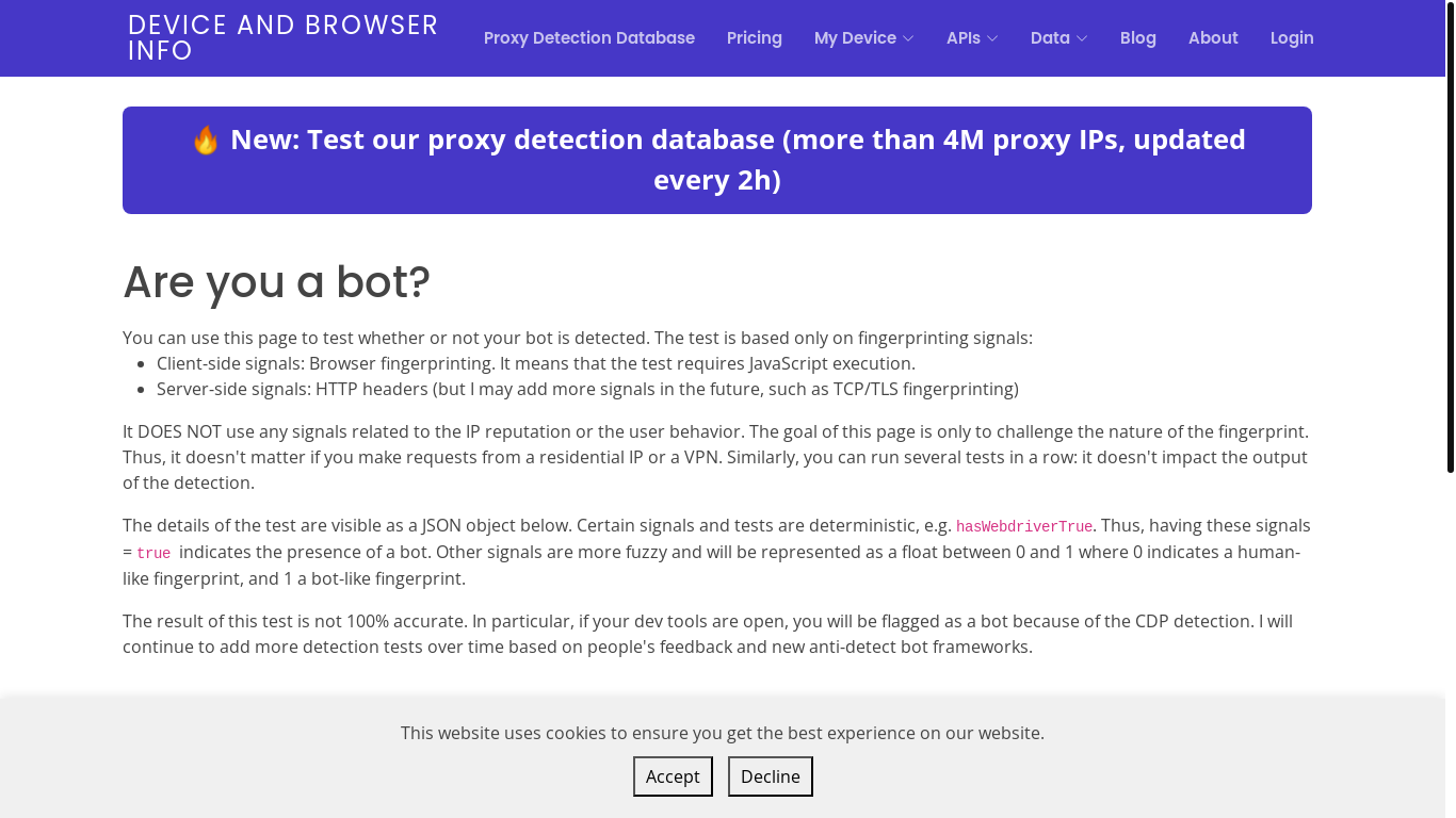 website screenshot of https://deviceandbrowserinfo.com/are_you_a_bot