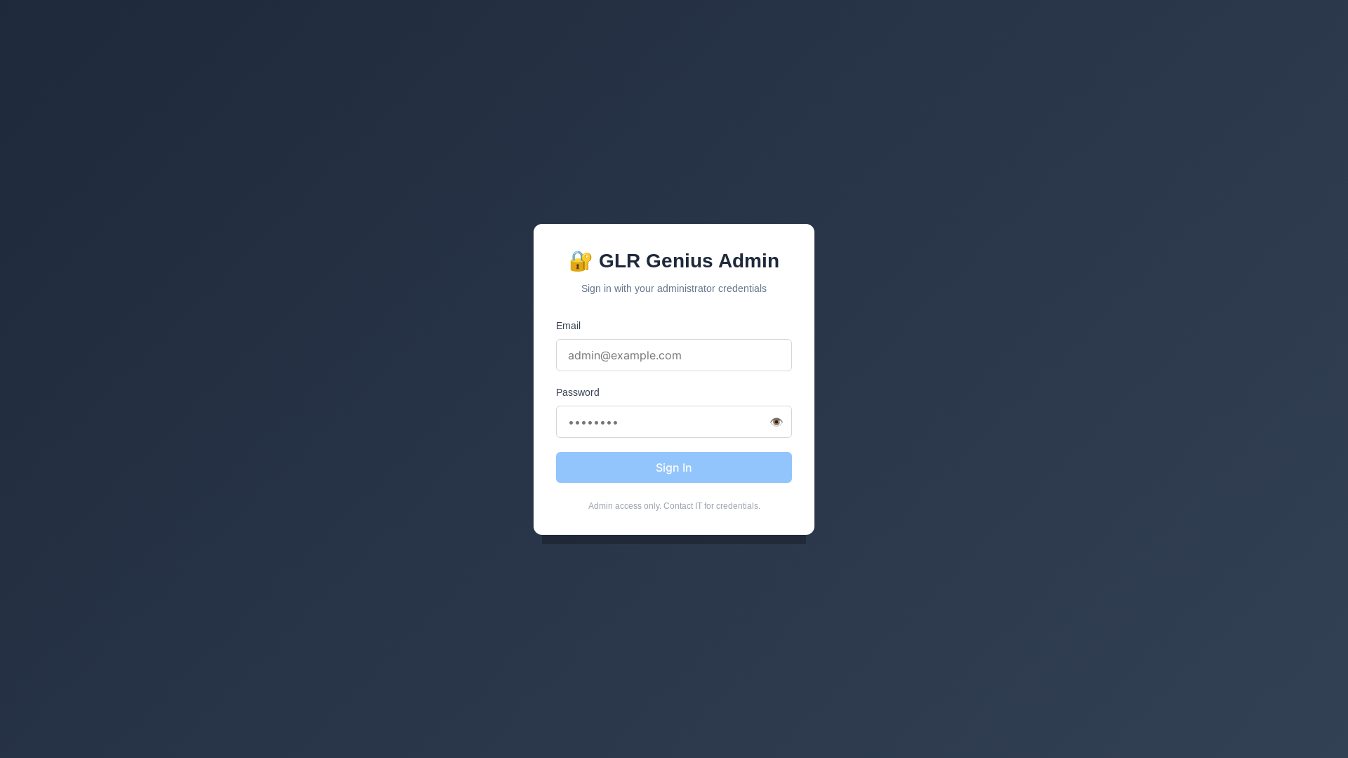 website screenshot of https://glr-genius-adminui.pages.dev/