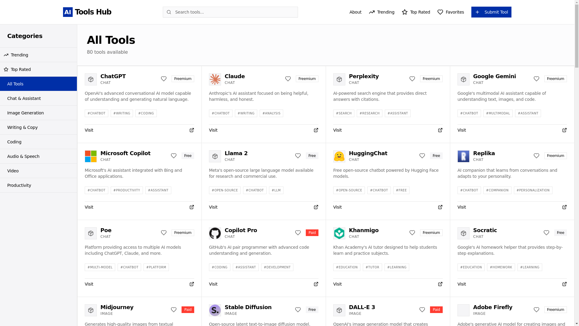 website screenshot of https://ai-tools-hub-aj7.pages.dev/
