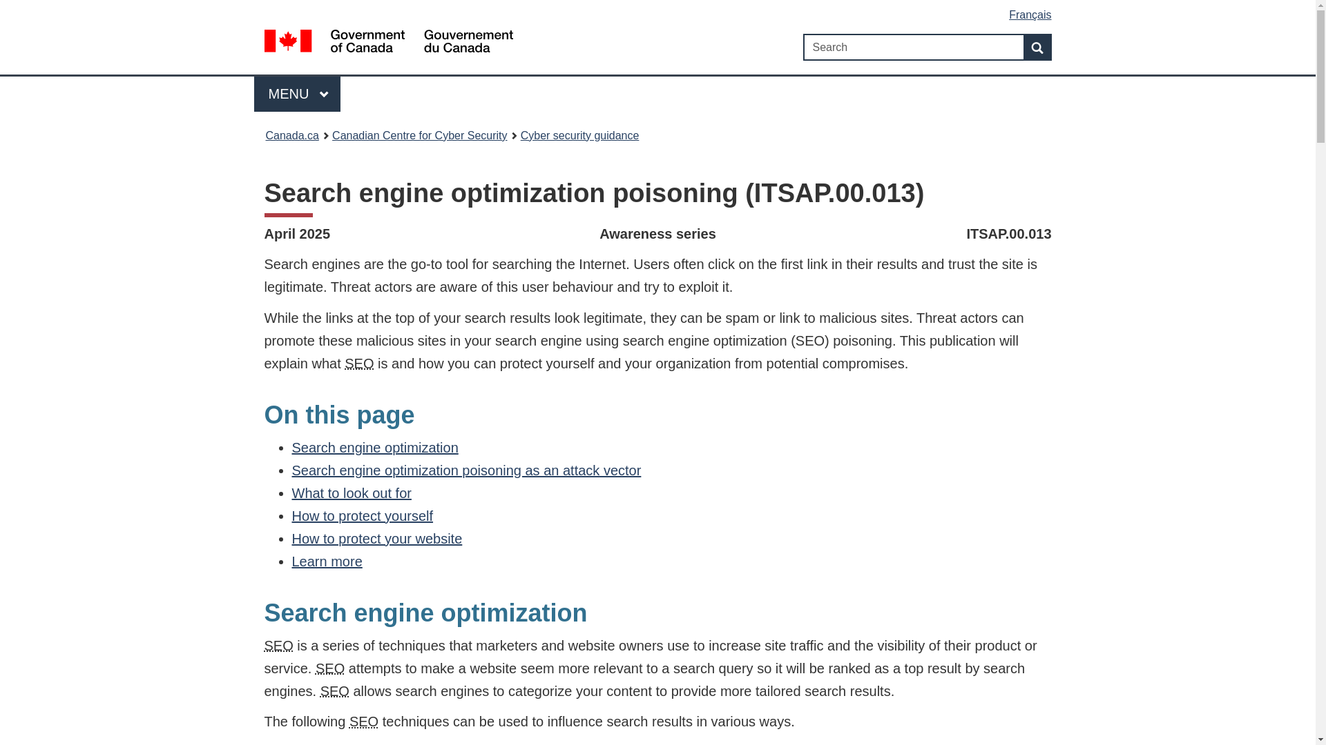 website screenshot of https://www.cyber.gc.ca/en/guidance/search-engine-optimization-poisoning-itsap00013