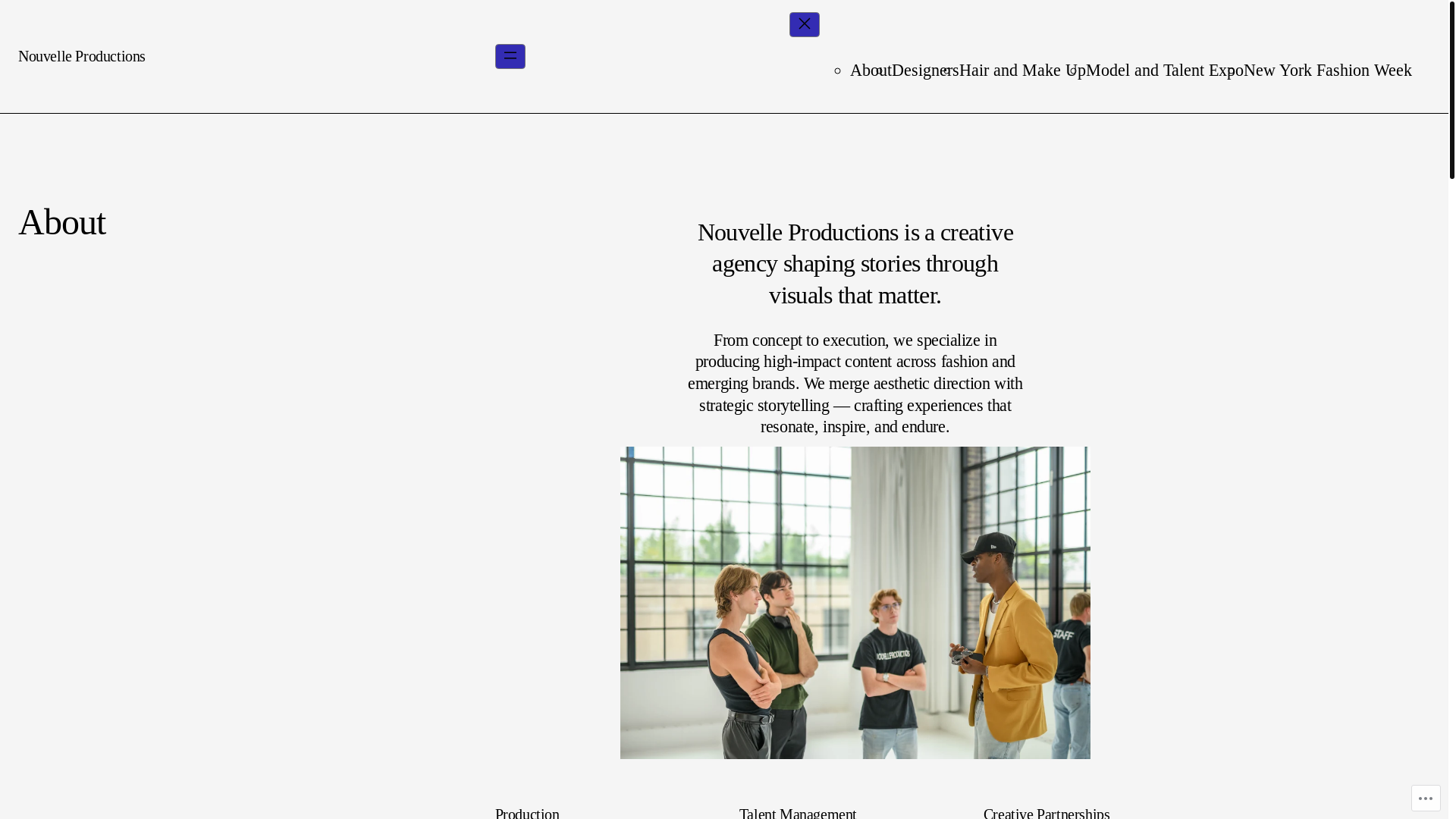 website screenshot of https://nouvelleproductions.org/