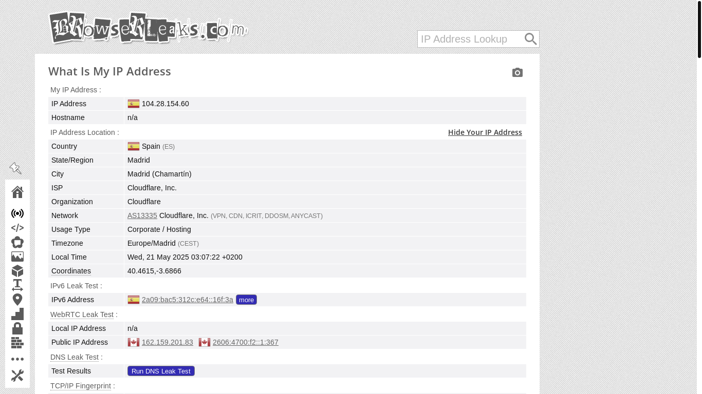 website screenshot of https://browserleaks.com/ip
